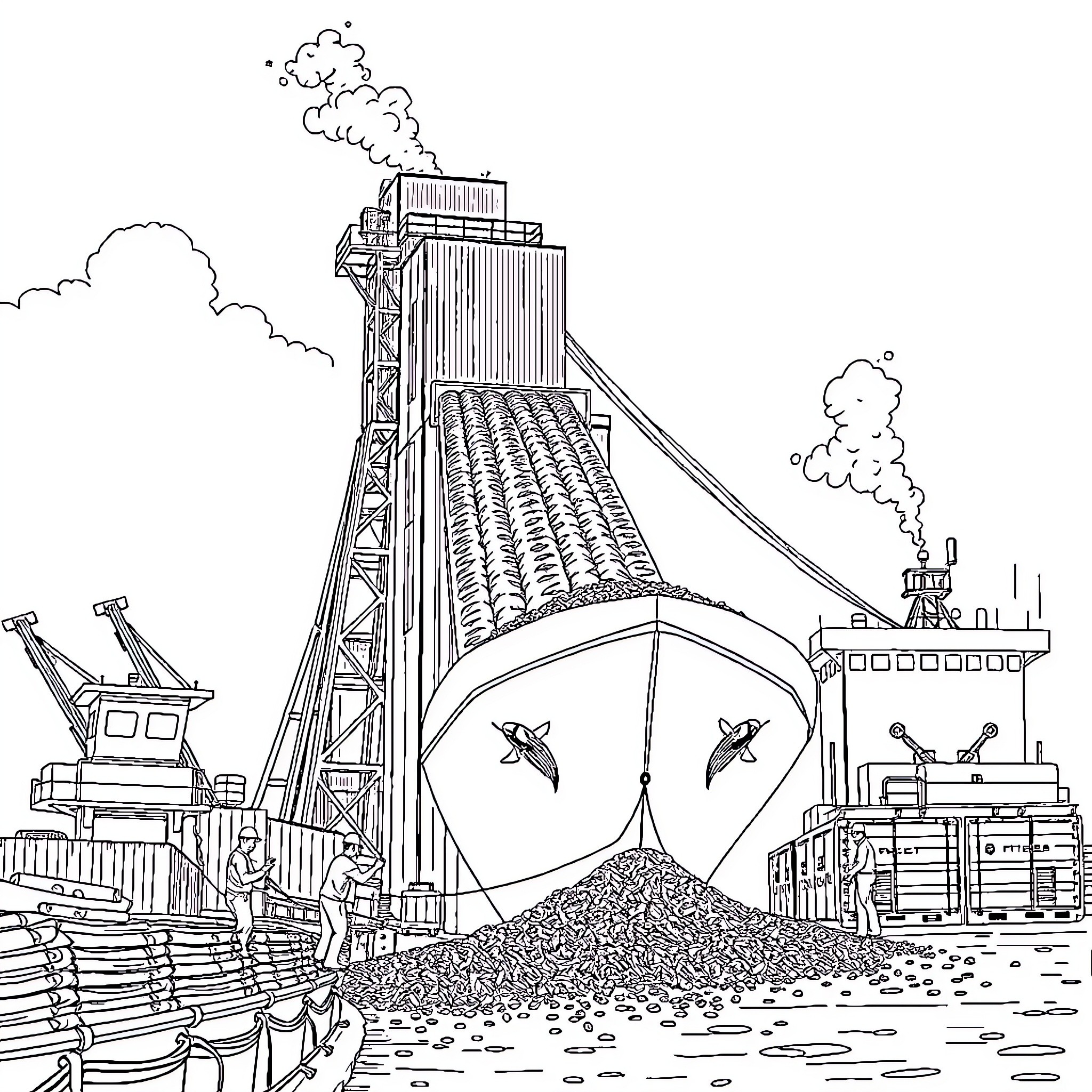 Grain Elevator Facility with Machinery and Birds Coloring Page (free black-and-white line drawing printable PDF for all, from beginners to advanced learners, including children, teens, adults, and seniors)