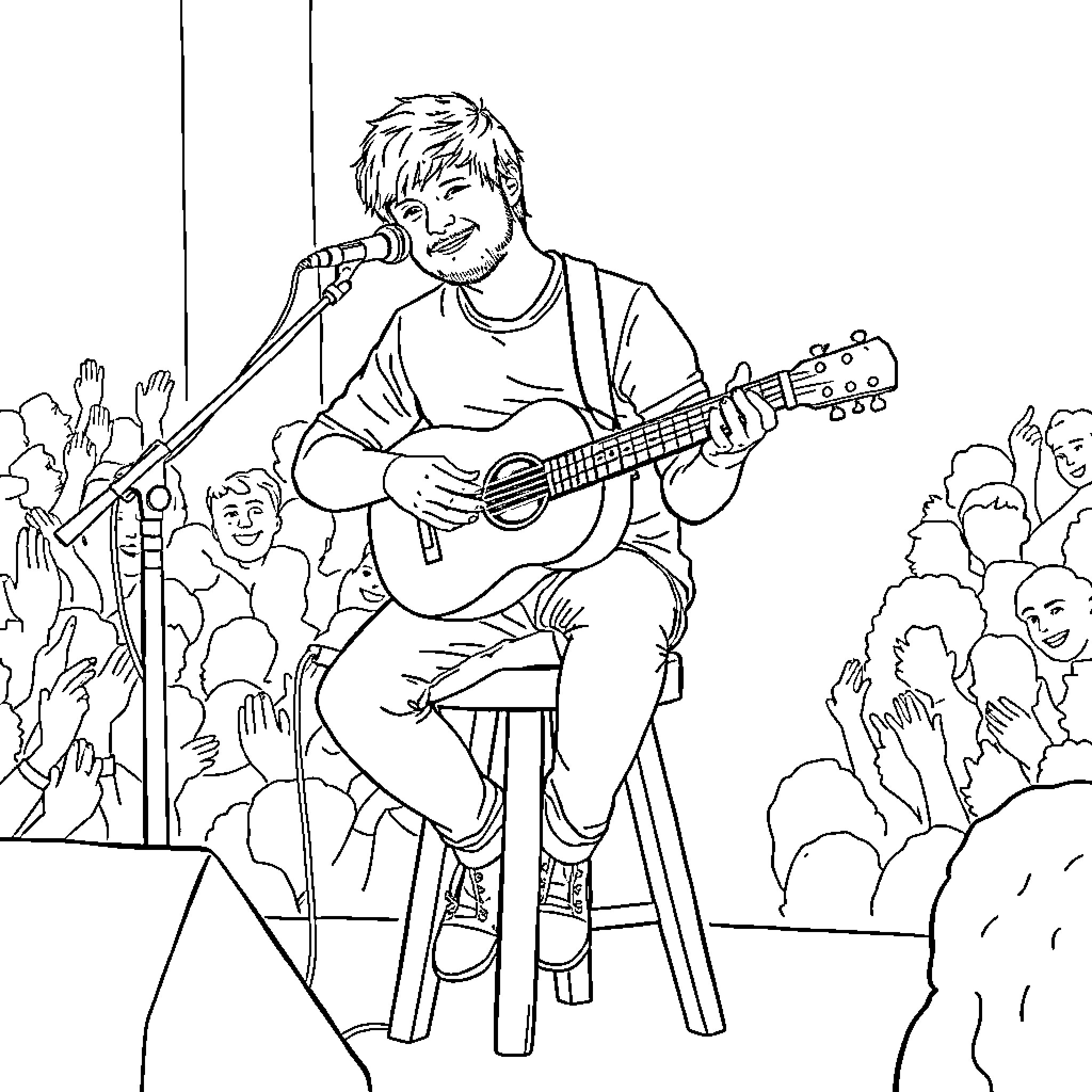 Ed Sheeran performing on stage with guitar Coloring Page (free black-and-white line drawing printable PDF for all, from beginners to advanced learners, including children, teens, adults, and seniors)