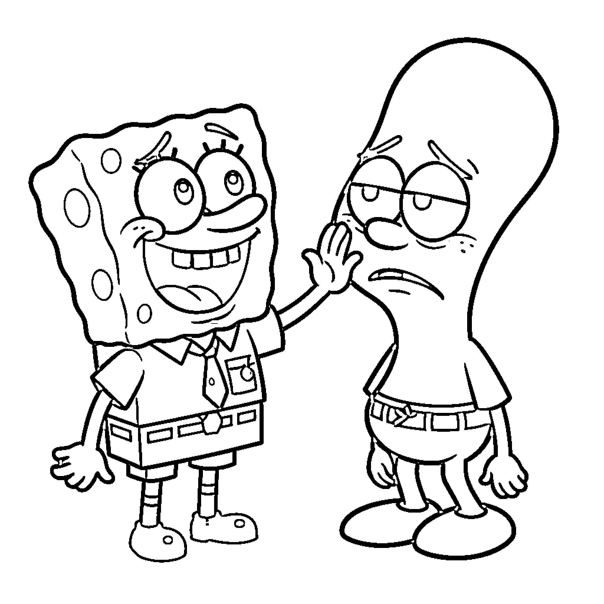 Spongebob laughing while patting Squidward on the head Coloring Page (free black-and-white line drawing printable PDF for all, from beginners to advanced learners, including children, teens, adults, and seniors)