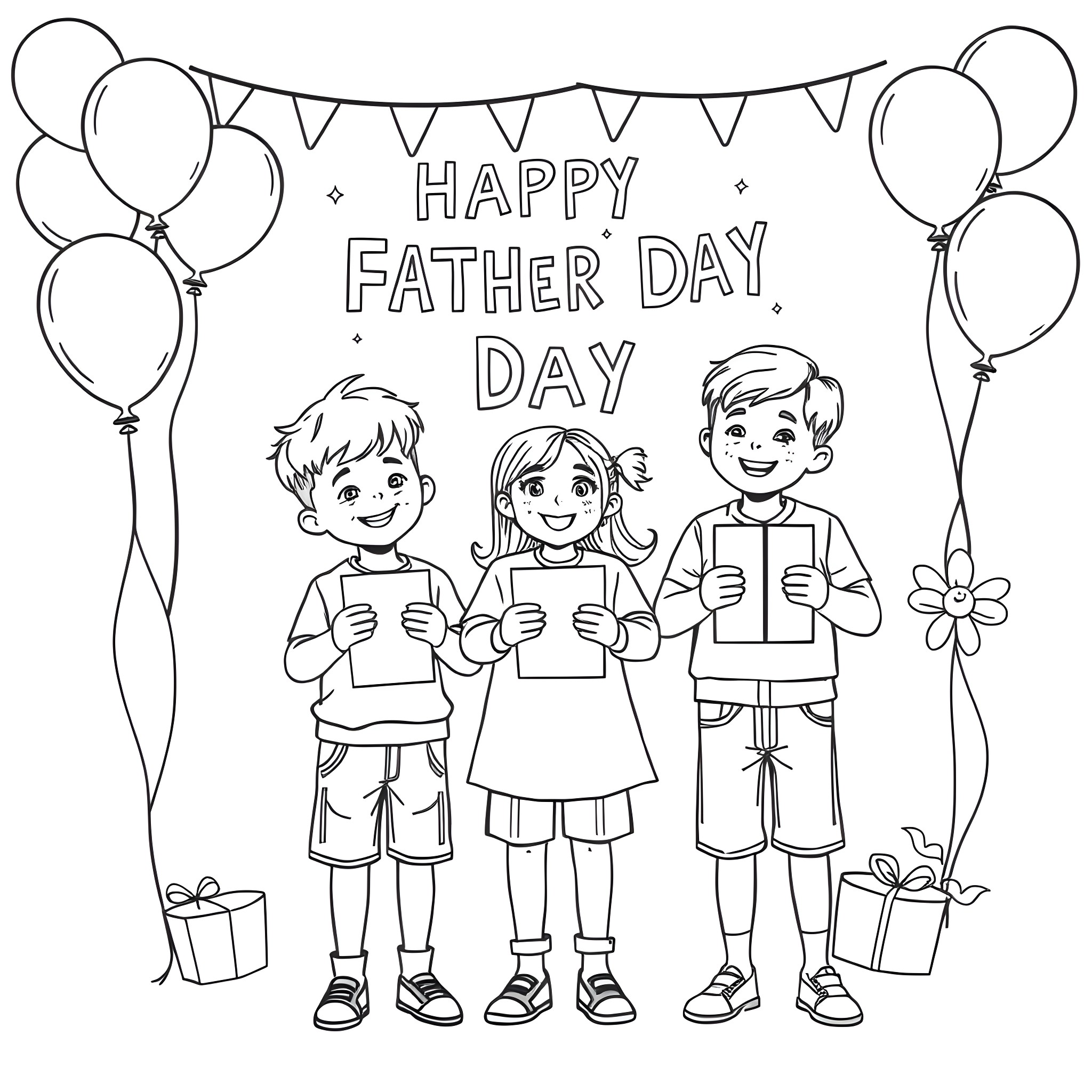 Children celebrating Father's Day with gifts and balloons Coloring Page (free black-and-white line drawing printable PDF for all, from beginners to advanced learners, including children, teens, adults, and seniors)