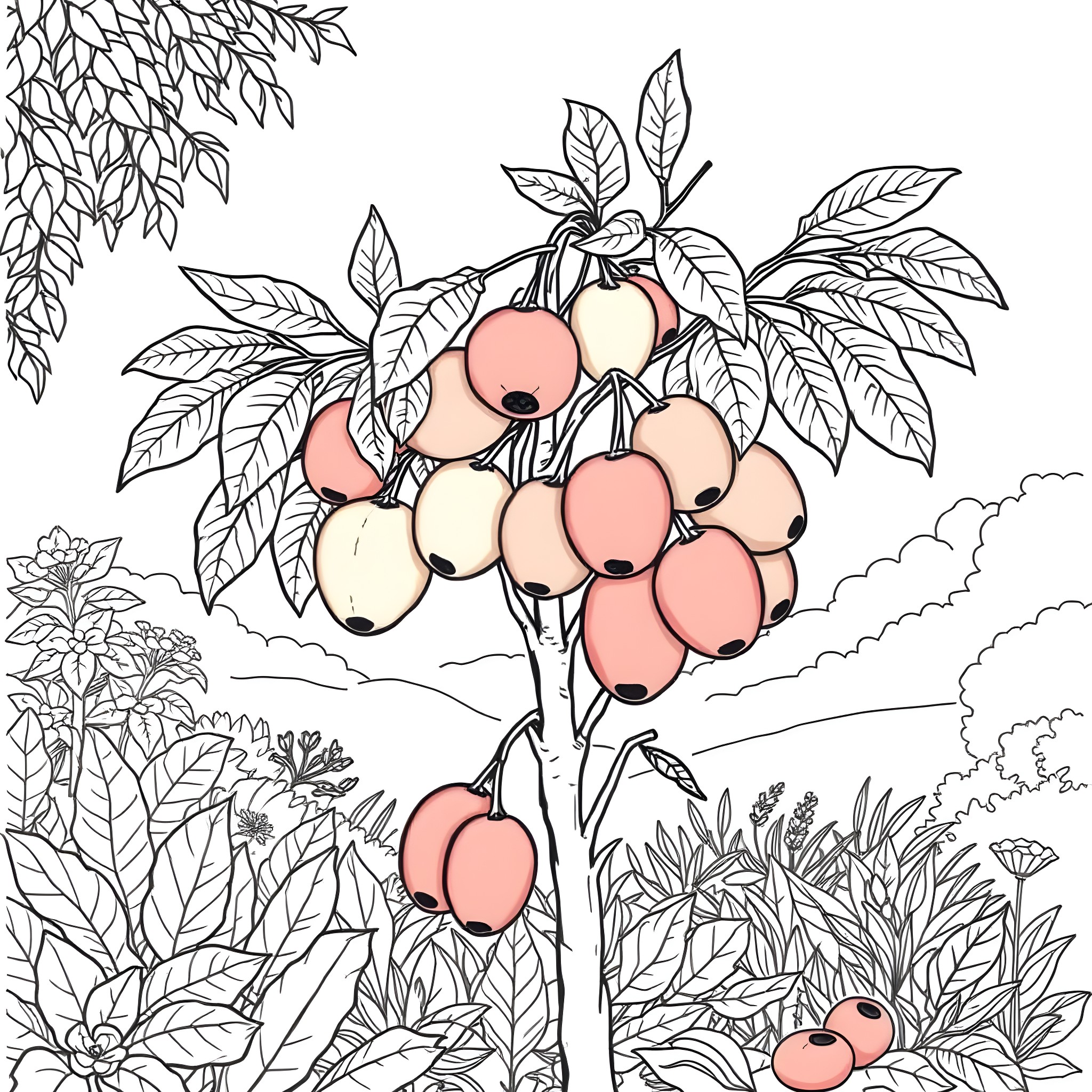 Aratiles: Fruit-Laden Tree against Lush Foliage Coloring Page (free black-and-white line drawing printable PDF for all, from beginners to advanced learners, including children, teens, adults, and seniors)
