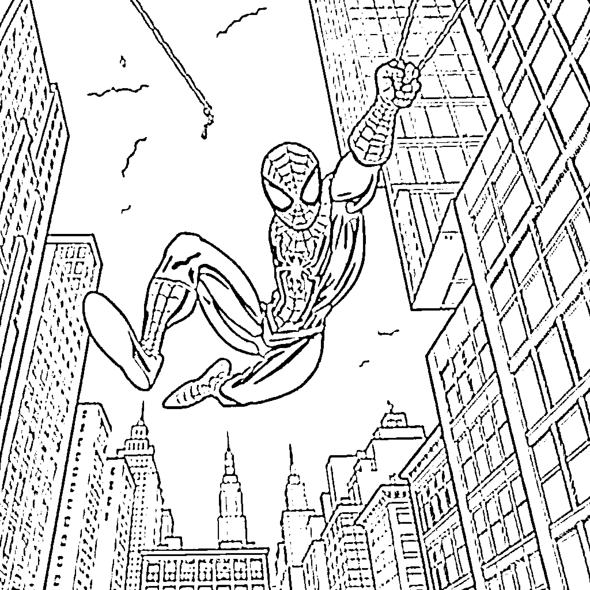 Spiderman swinging through the city skyline Coloring Page (free black-and-white line drawing printable PDF for all, from beginners to advanced learners, including children, teens, adults, and seniors)