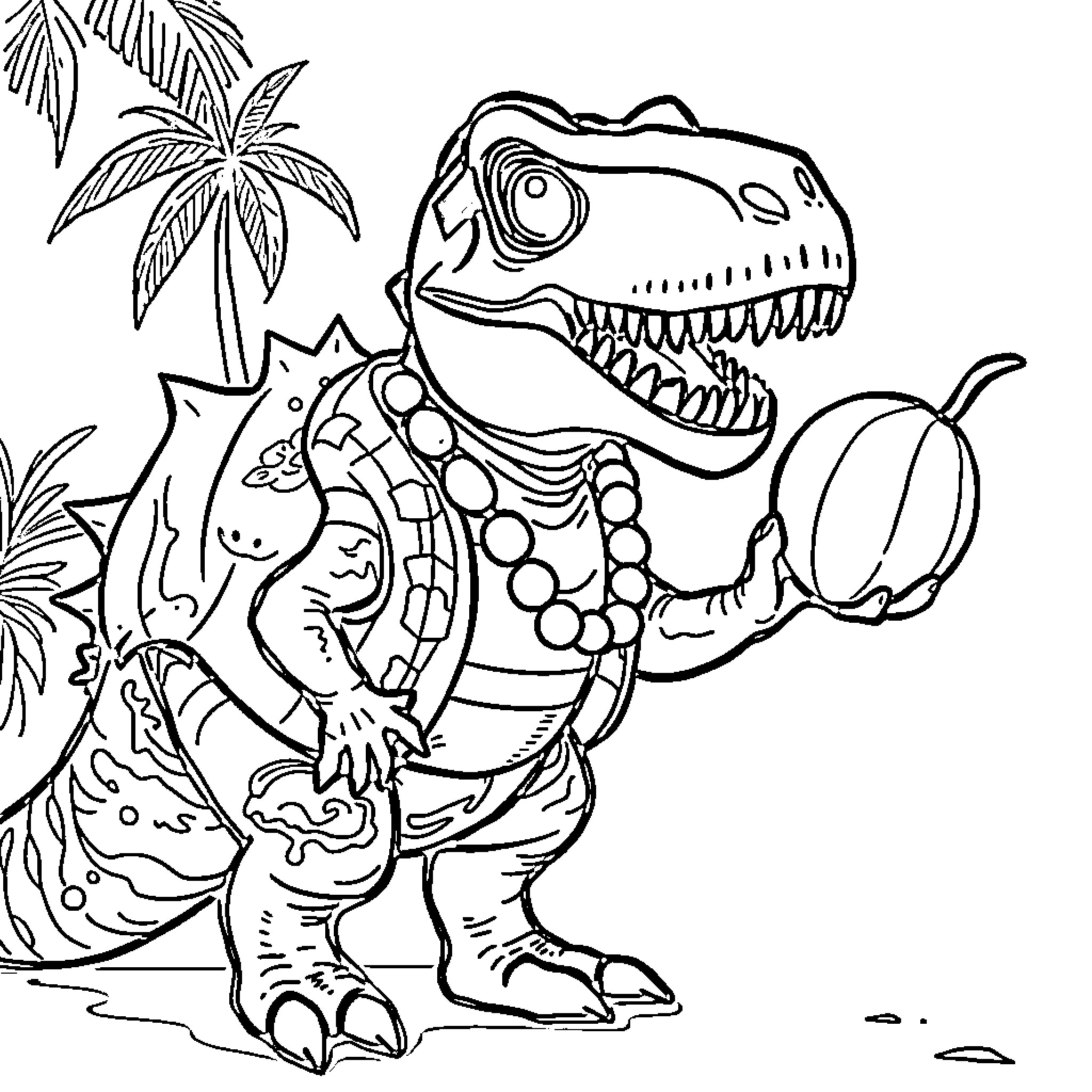 Dinosaur in the Jungle with Tropical Plants Coloring Page (free black-and-white line drawing printable PDF for all, from beginners to advanced learners, including children, teens, adults, and seniors)