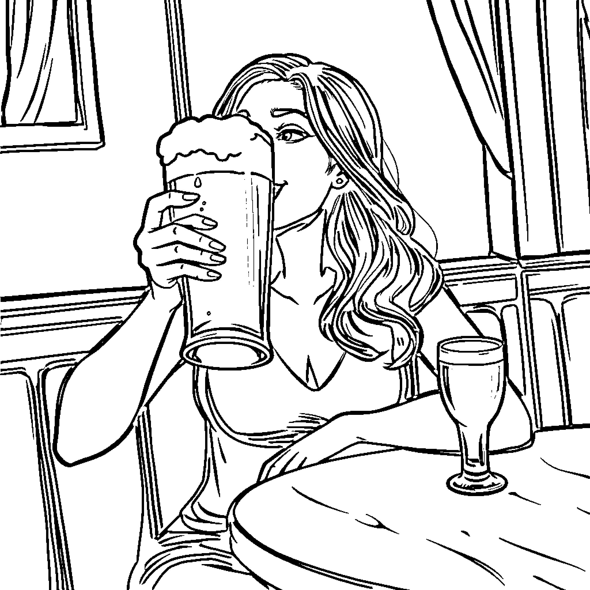 Woman enjoying beer at a bar Coloring Page (free black-and-white line drawing printable PDF for all, from beginners to advanced learners, including children, teens, adults, and seniors)