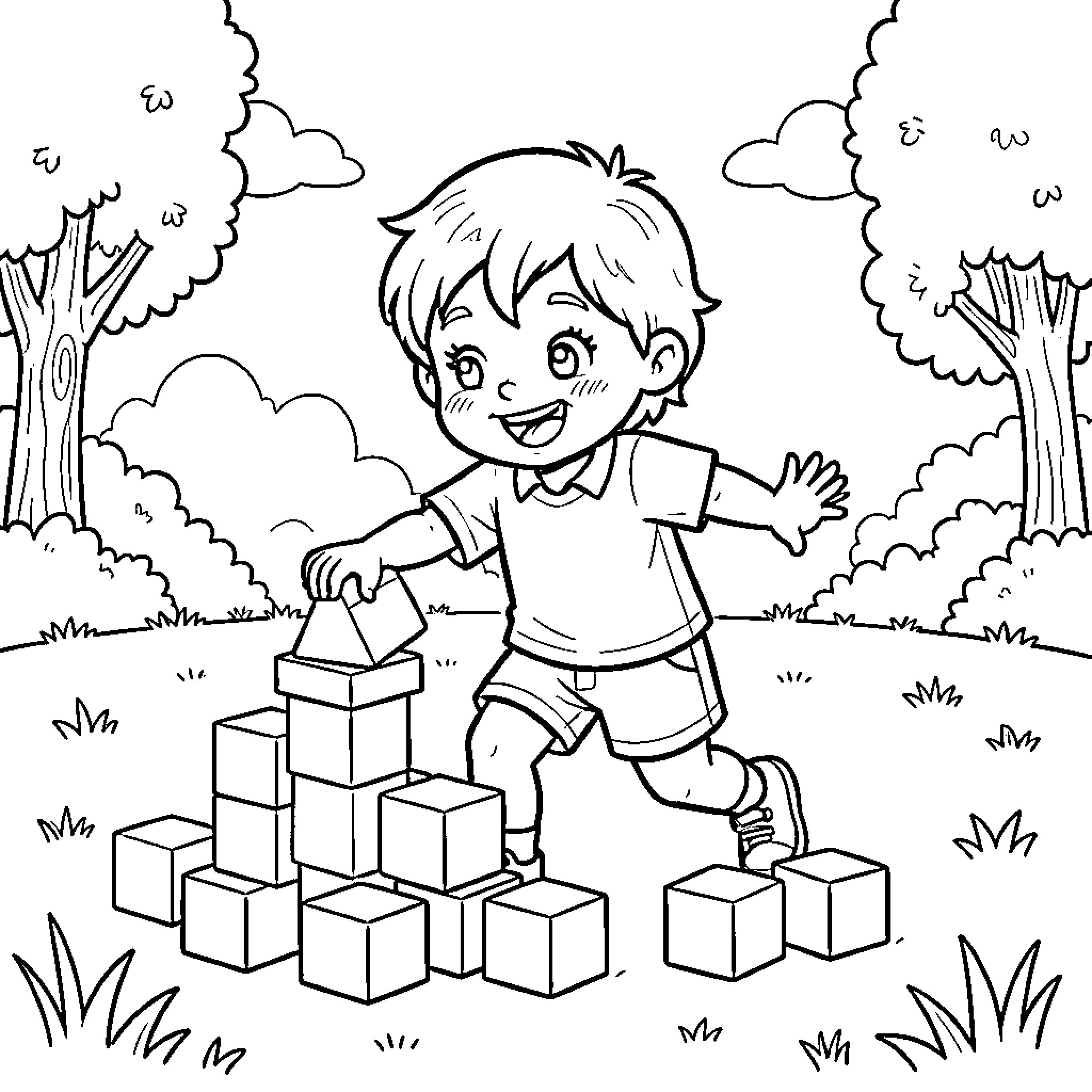 Child playing with building blocks in the park Coloring Page (free black-and-white line drawing printable PDF for all, from beginners to advanced learners, including children, teens, adults, and seniors)