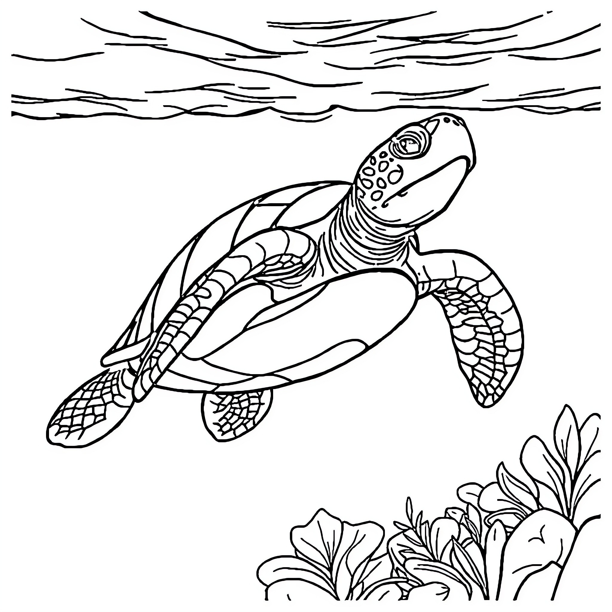 Turtle swimming amongst underwater flora Coloring Page (free black-and-white line drawing printable PDF for all, from beginners to advanced learners, including children, teens, adults, and seniors)