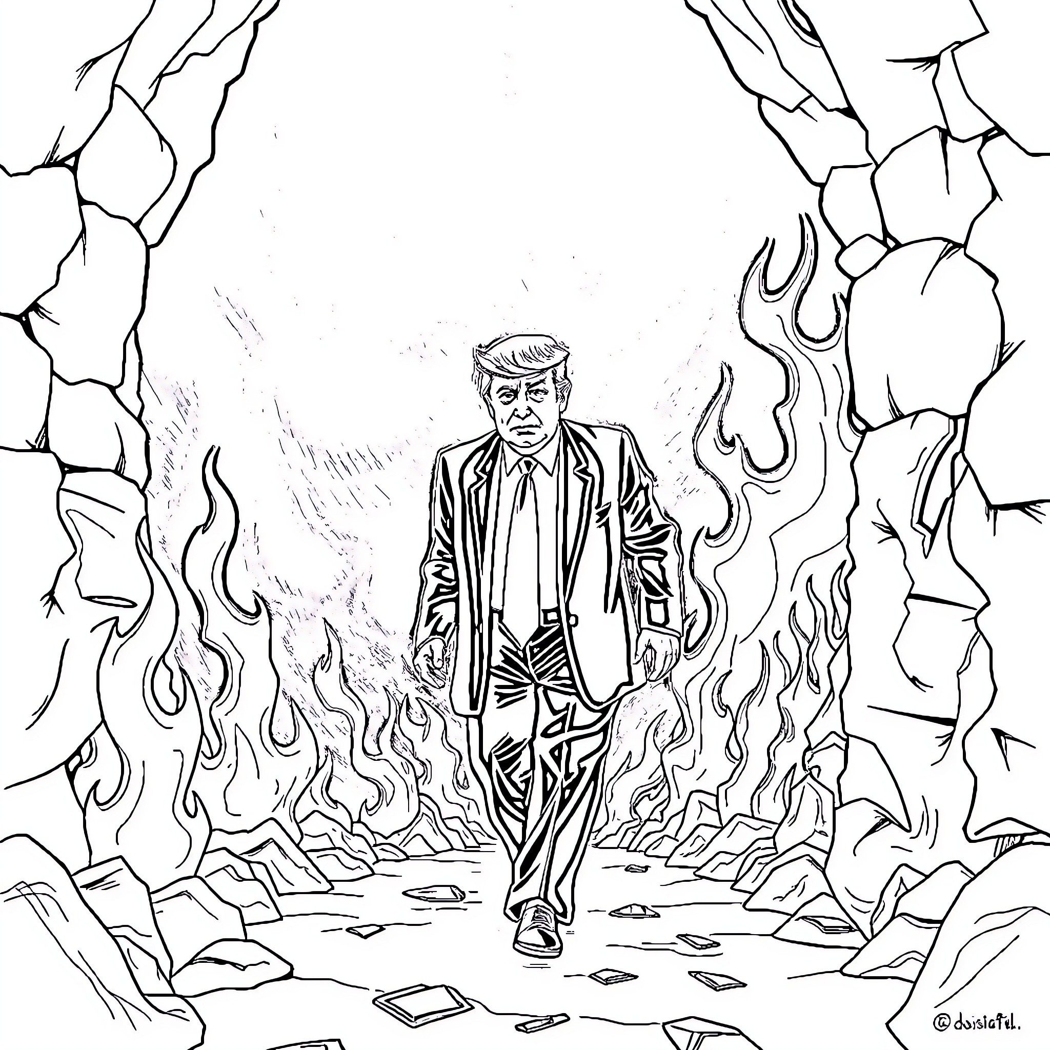 Donald Trump walking through a fiery, cracked landscape Coloring Page (free black-and-white line drawing printable PDF for all, from beginners to advanced learners, including children, teens, adults, and seniors)