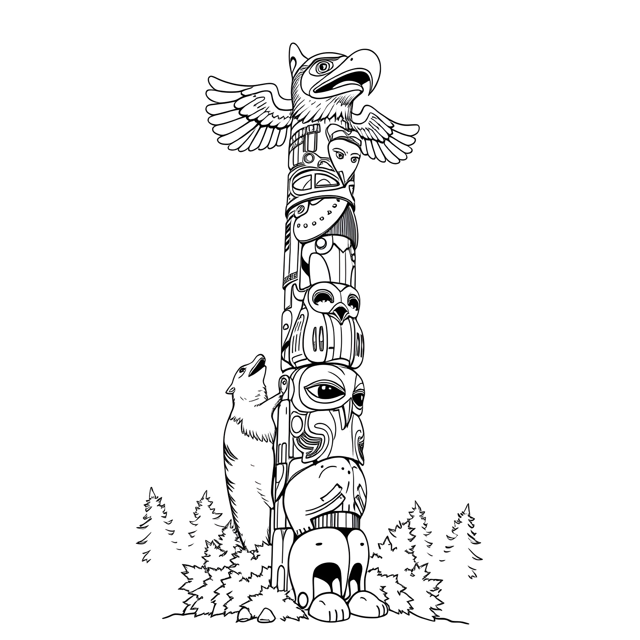 Totem Pole with Carved Animals and Birds Coloring Page (free black-and-white line drawing printable PDF for all, from beginners to advanced learners, including children, teens, adults, and seniors)