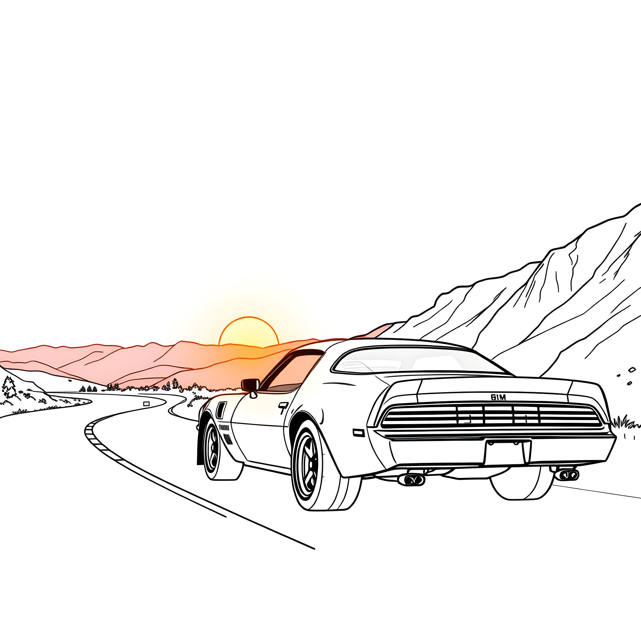 Pontiac sports car driving on winding mountain road at sunset Coloring Page (free black-and-white line drawing printable PDF for all, from beginners to advanced learners, including children, teens, adults, and seniors)