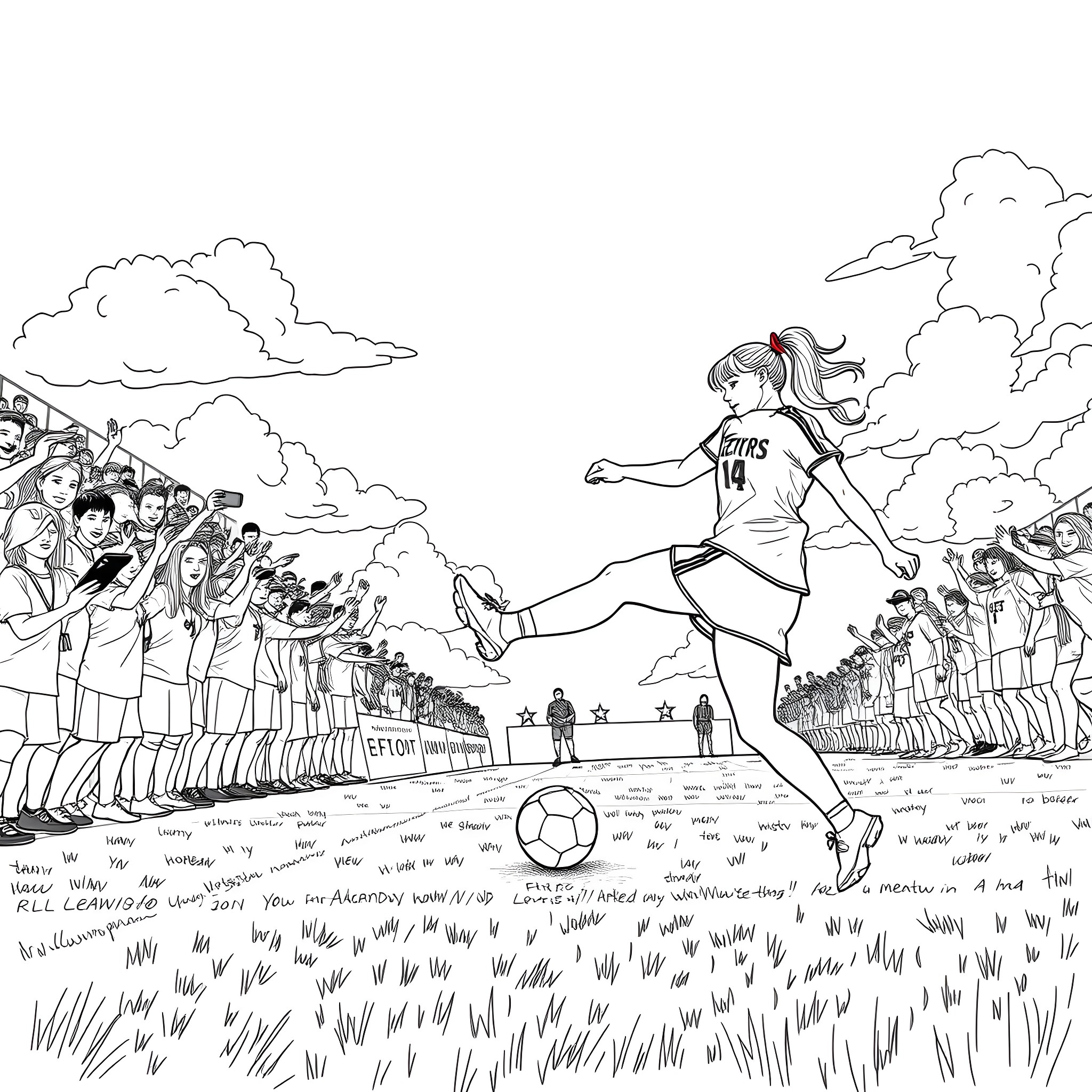Sabrina Carpenter Kicking Soccer Ball on the Field Coloring Page (free black-and-white line drawing printable PDF for all, from beginners to advanced learners, including children, teens, adults, and seniors)