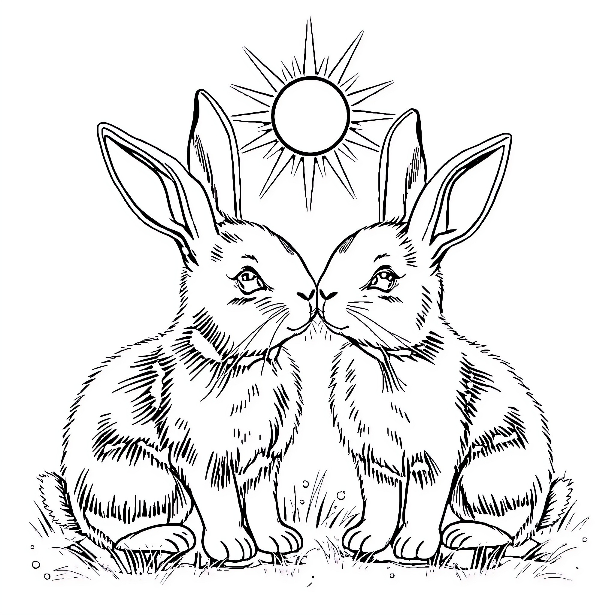 Rabbit duo enjoying the sun Coloring Page (free black-and-white line drawing printable PDF for all, from beginners to advanced learners, including children, teens, adults, and seniors)