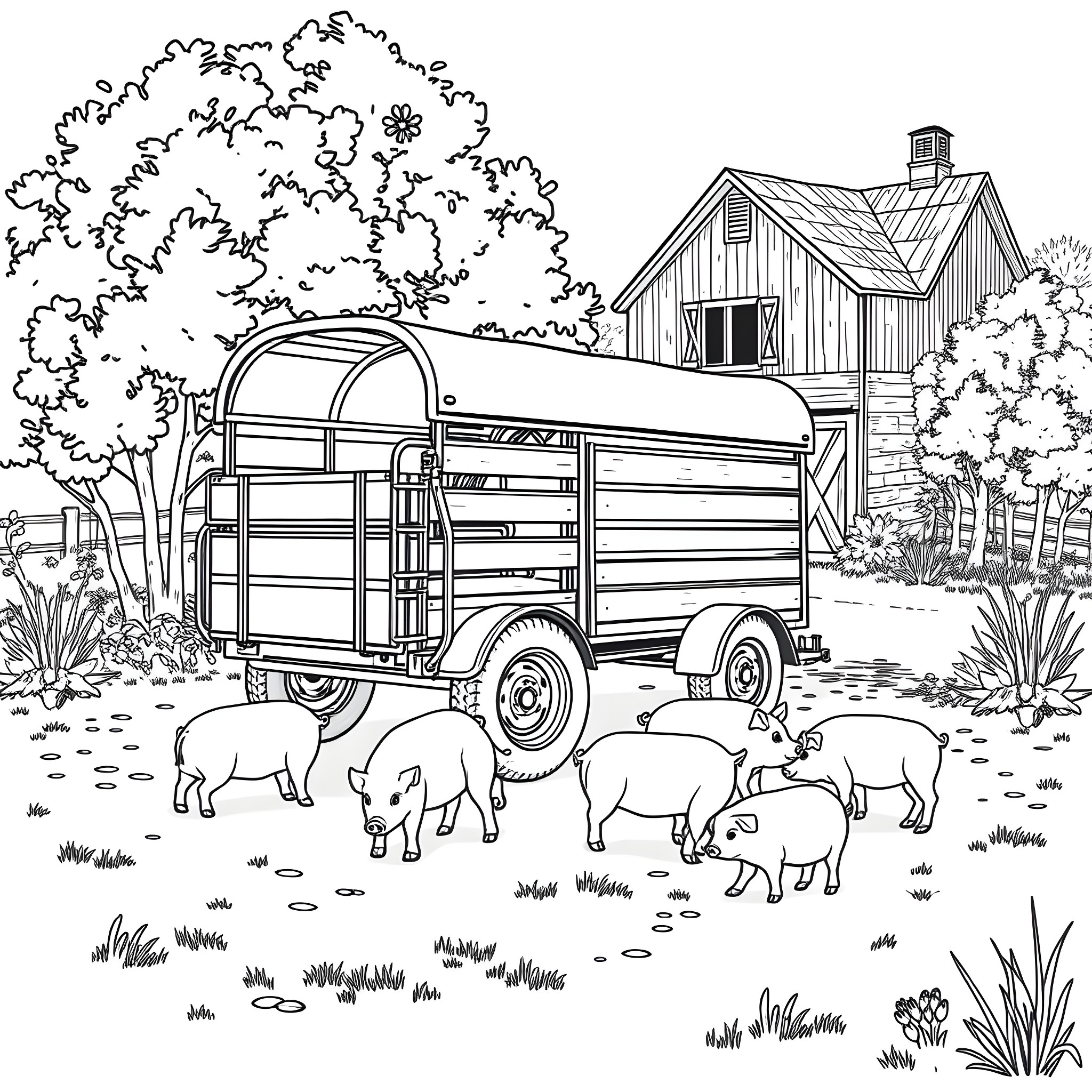 Pig farm with wagon and animals Coloring Page (free black-and-white line drawing printable PDF for all, from beginners to advanced learners, including children, teens, adults, and seniors)
