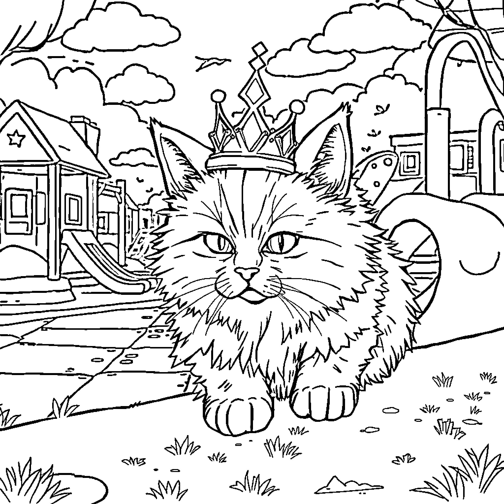 Cat with a crown in a whimsical town Coloring Page (free black-and-white line drawing printable PDF for all, from beginners to advanced learners, including children, teens, adults, and seniors)
