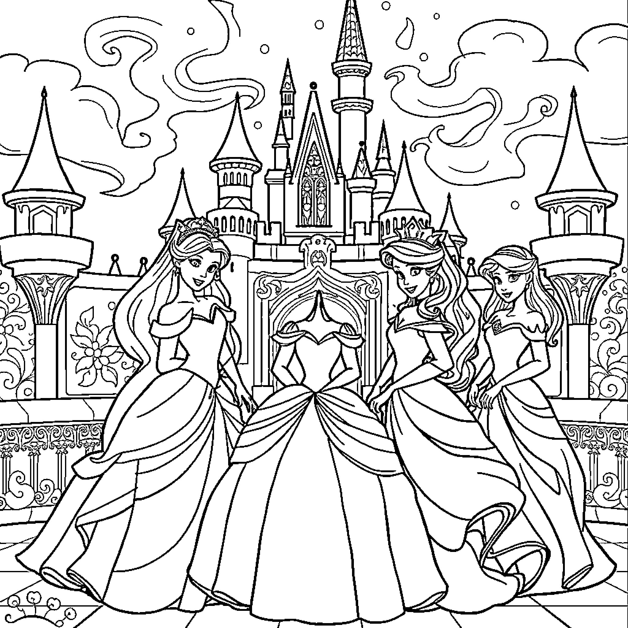 Princess and her Royal Companions at the Enchanted Castle Coloring Page (free black-and-white line drawing printable PDF for all, from beginners to advanced learners, including children, teens, adults, and seniors)