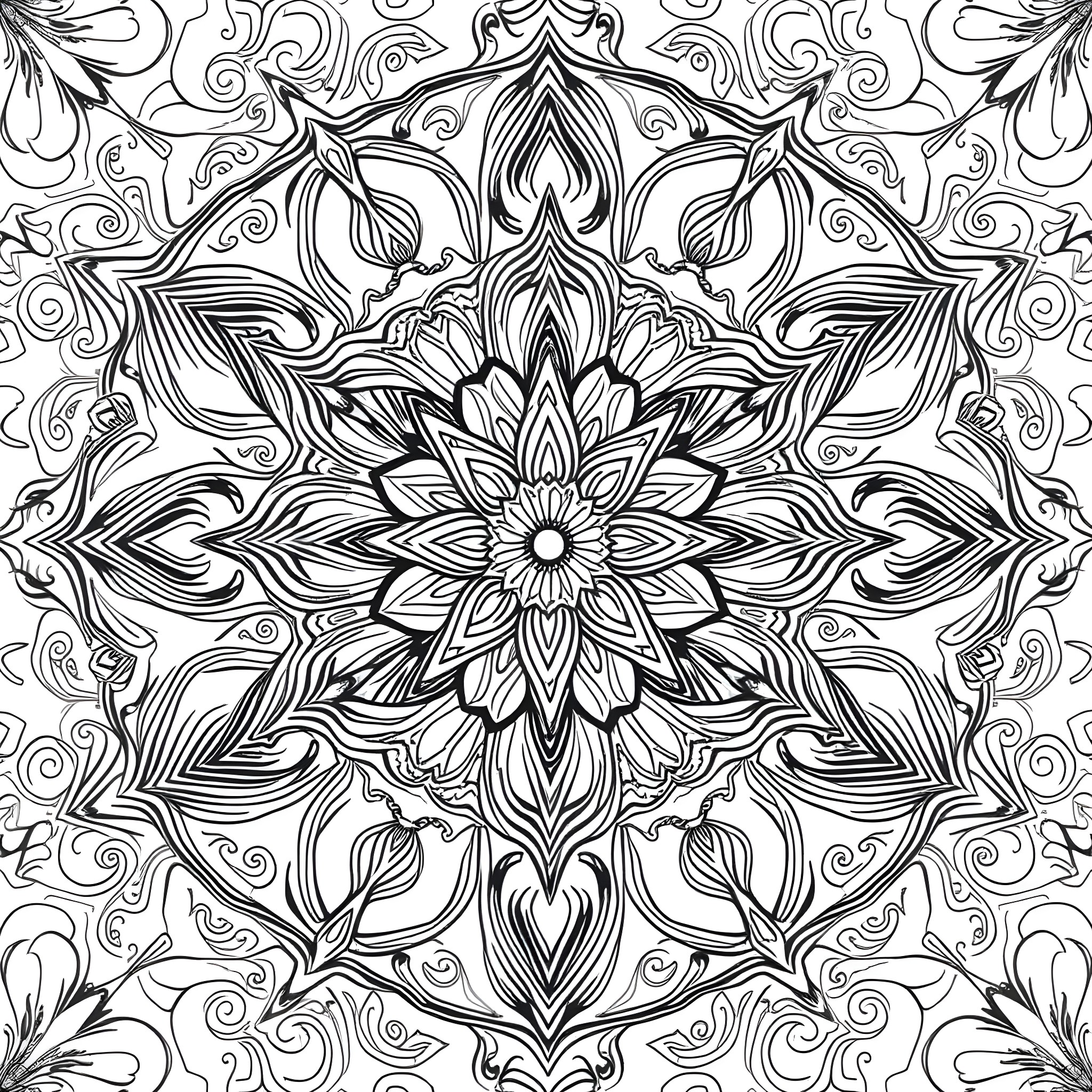 Geometric Pattern with Intricate Floral Motifs Coloring Page (free black-and-white line drawing printable PDF for all, from beginners to advanced learners, including children, teens, adults, and seniors)