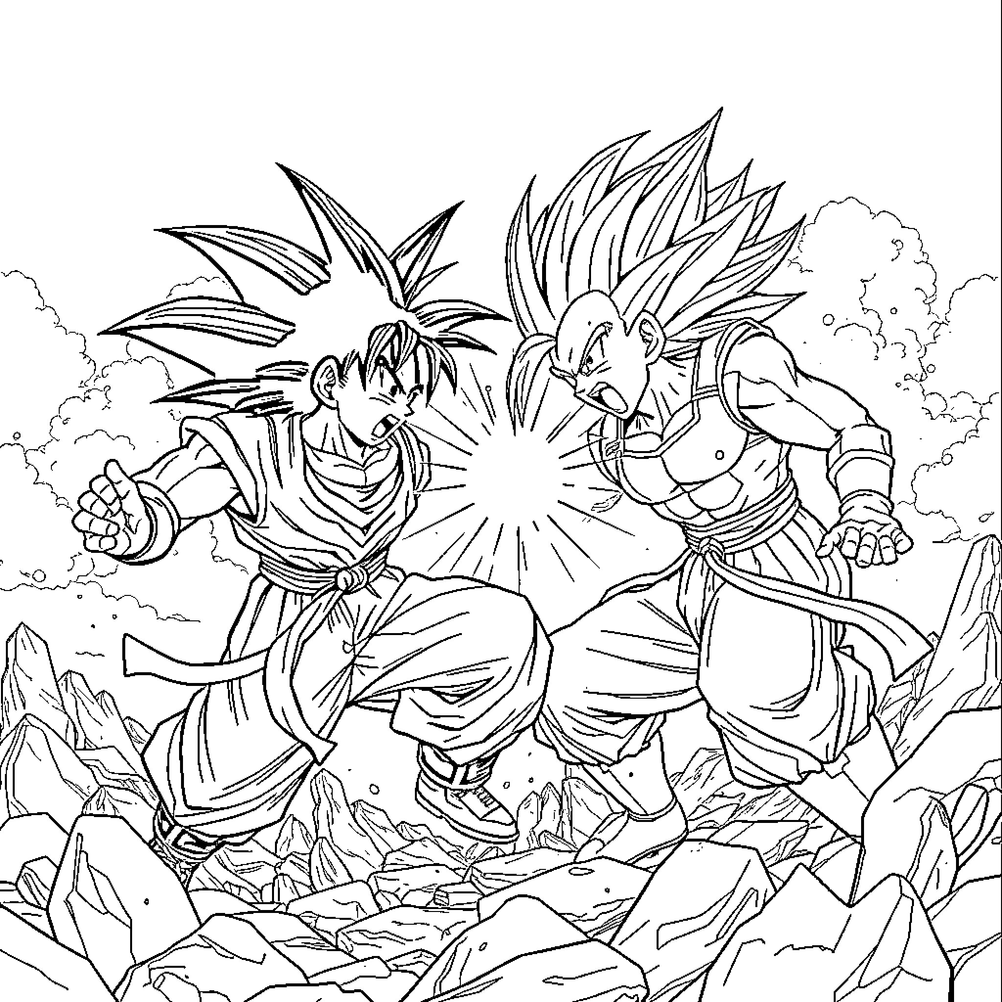 Goku's Heroic Clash in the Rugged Landscape Coloring Page (free black-and-white line drawing printable PDF for all, from beginners to advanced learners, including children, teens, adults, and seniors)