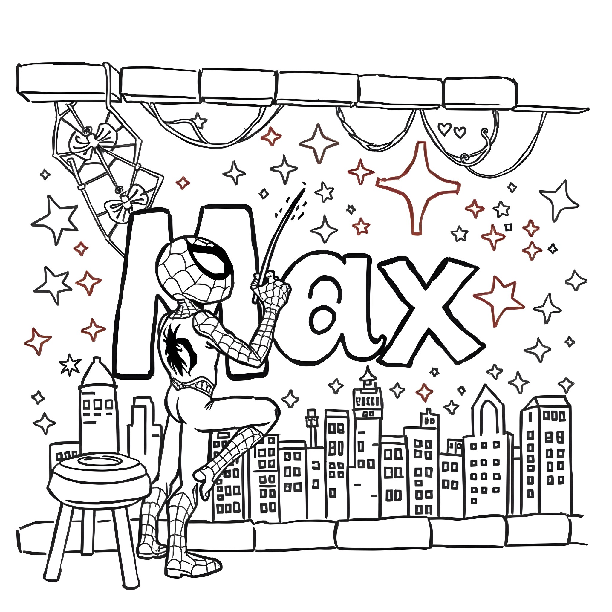 Spidey's Exciting Cityscape Adventures Coloring Page (free black-and-white line drawing printable PDF for all, from beginners to advanced learners, including children, teens, adults, and seniors)