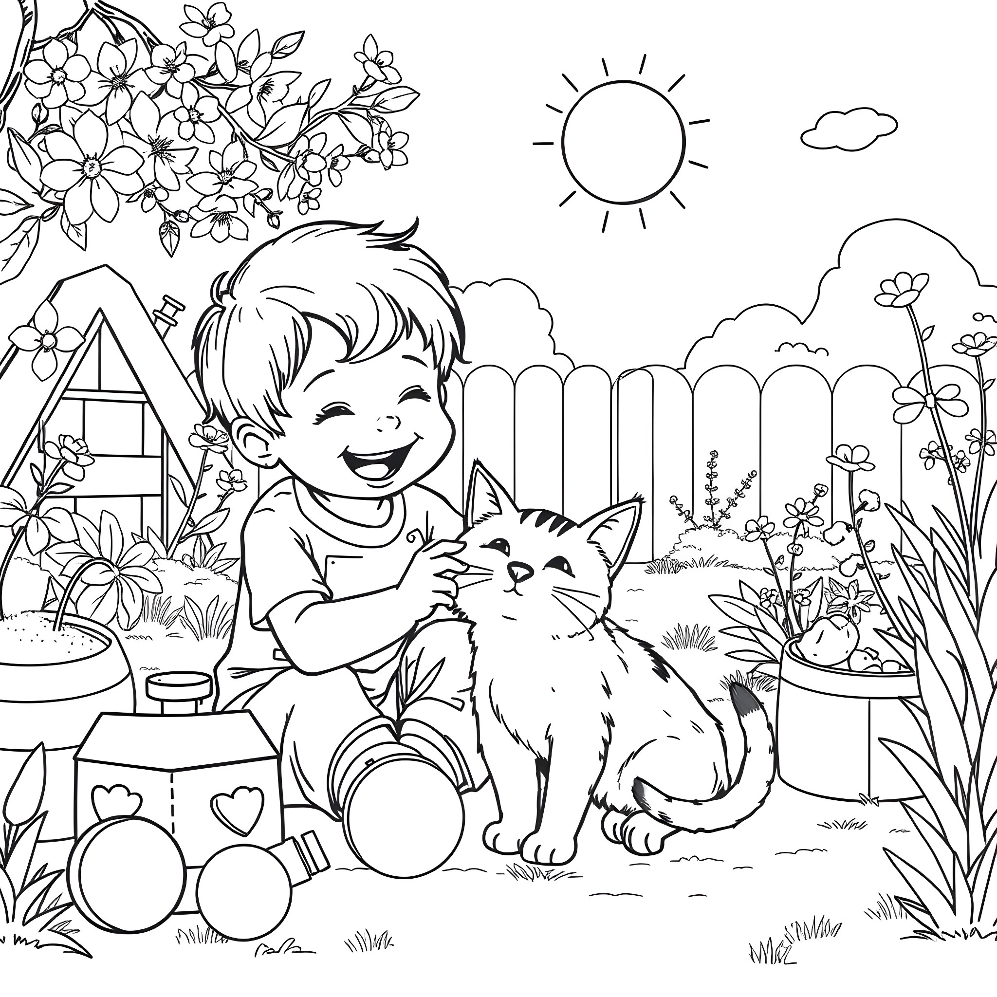 Cat and boy playing in the garden Coloring Page (free black-and-white line drawing printable PDF for all, from beginners to advanced learners, including children, teens, adults, and seniors)