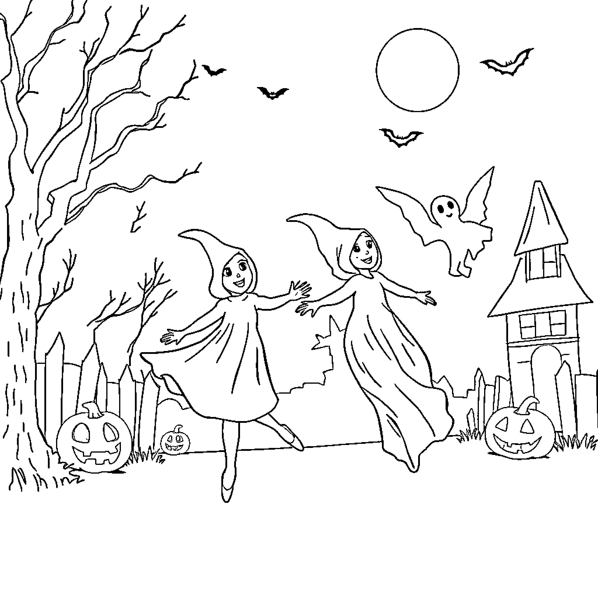 Ballerina ghosts dance through Halloween scene Coloring Page (free black-and-white line drawing printable PDF for all, from beginners to advanced learners, including children, teens, adults, and seniors)
