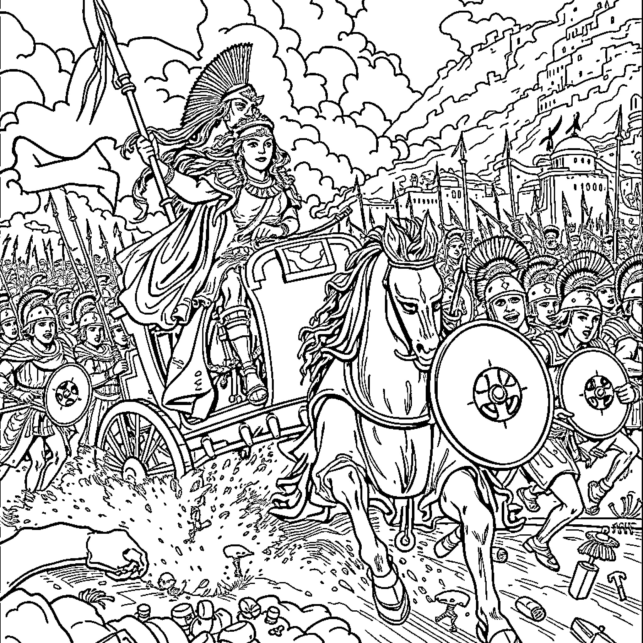 Boudicca leading her army into battle Coloring Page (free black-and-white line drawing printable PDF for all, from beginners to advanced learners, including children, teens, adults, and seniors)