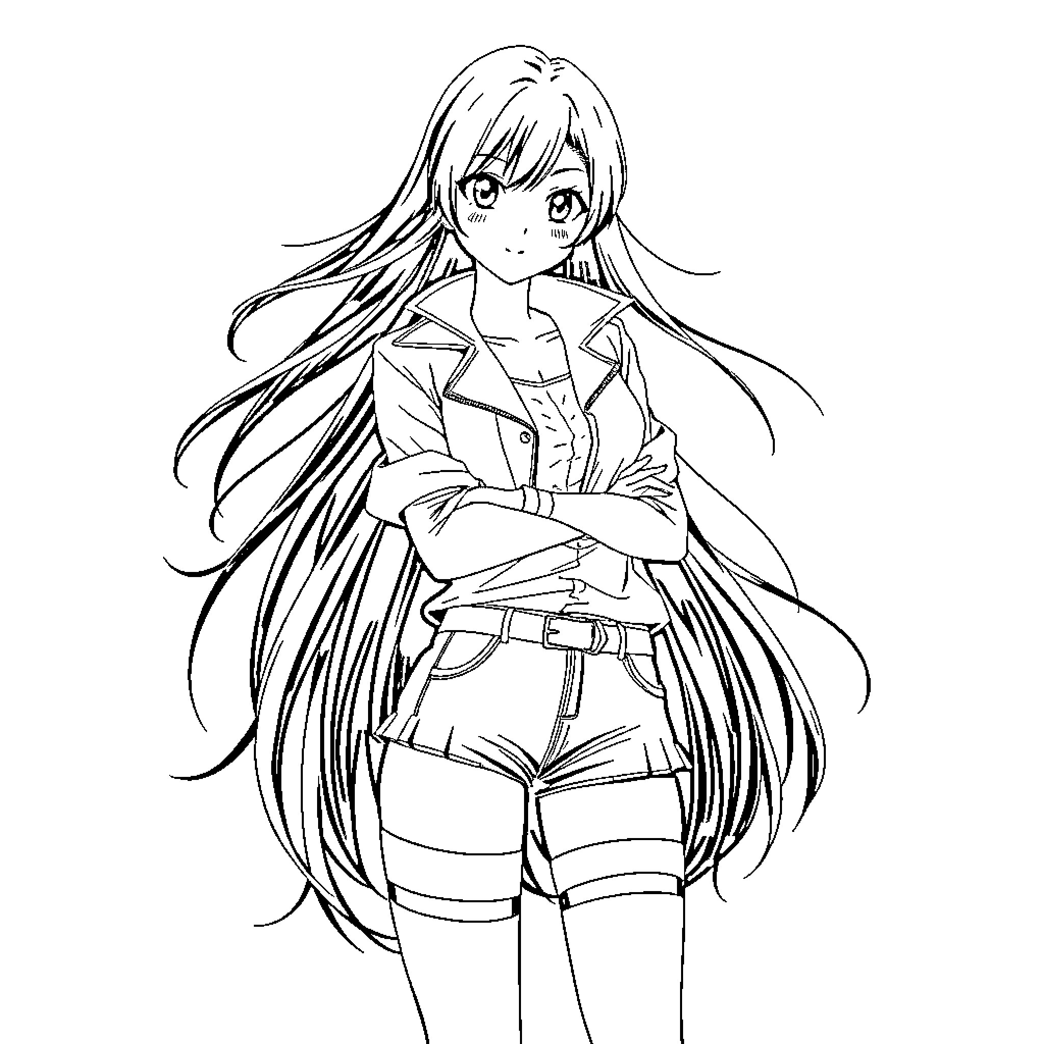 Kurumi in casual attire with a confident expression Coloring Page (free black-and-white line drawing printable PDF for all, from beginners to advanced learners, including children, teens, adults, and seniors)
