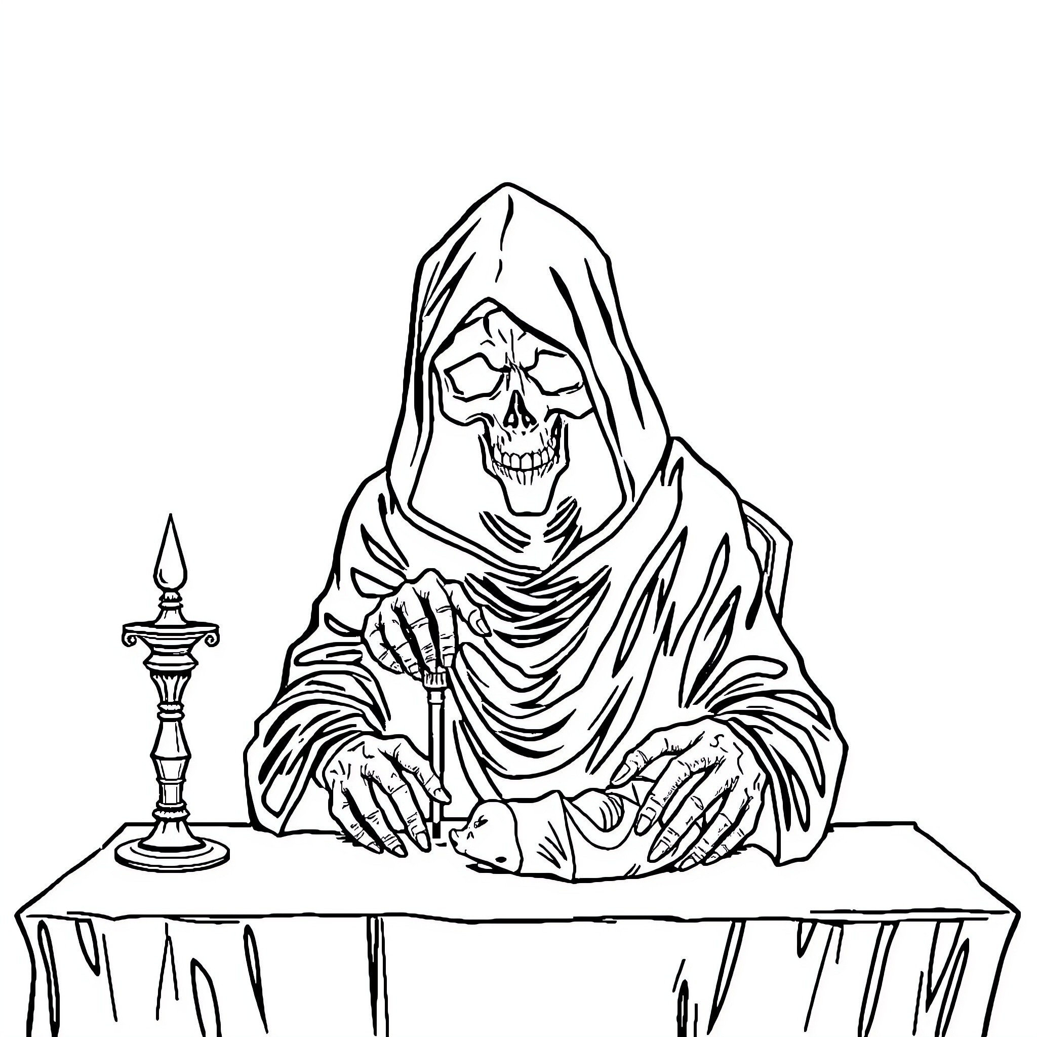 Grim Reaper wielding scythe at cursed altar Coloring Page (free black-and-white line drawing printable PDF for all, from beginners to advanced learners, including children, teens, adults, and seniors)