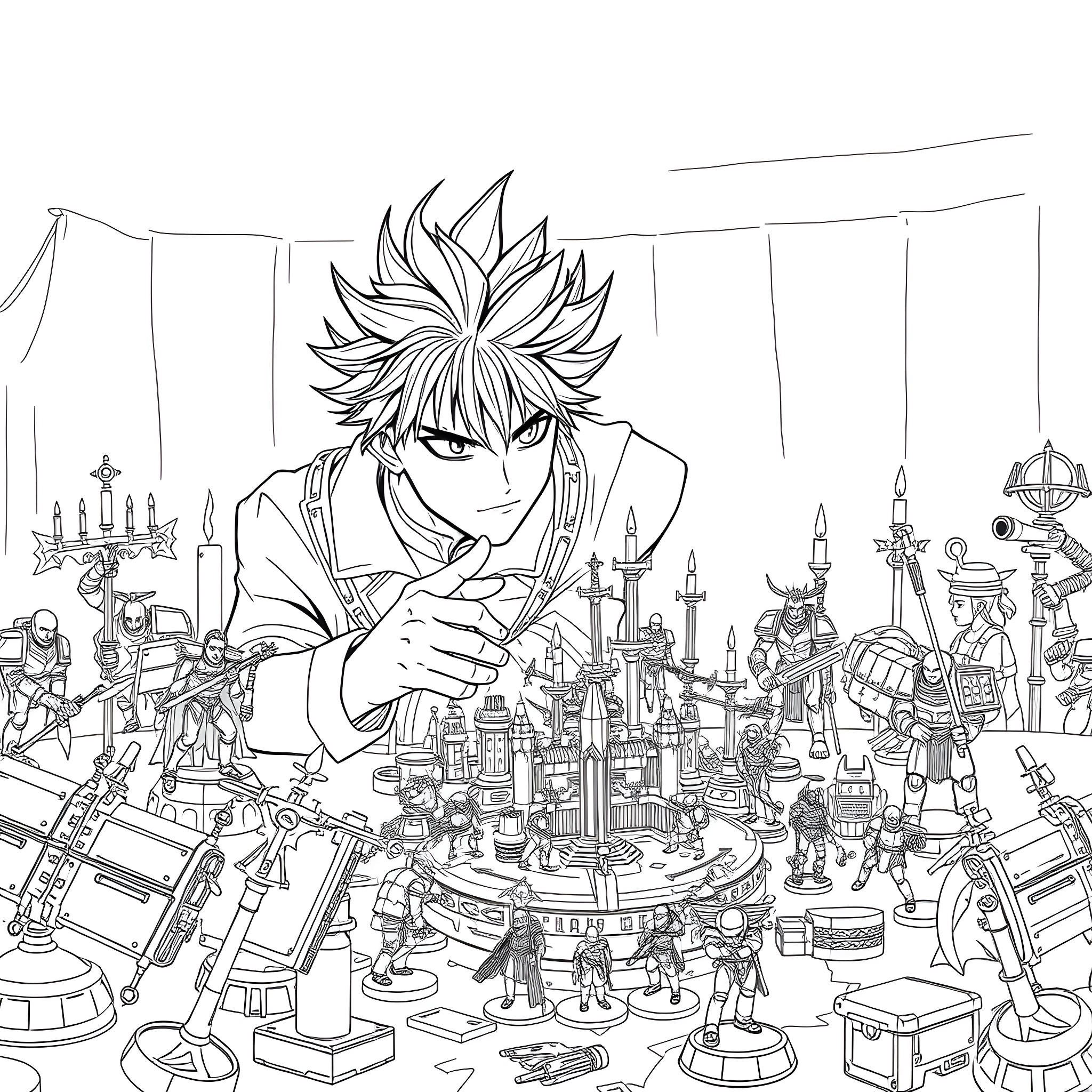 Yugi Mouto in the midst of an epic adventure Coloring Page (free black-and-white line drawing printable PDF for all, from beginners to advanced learners, including children, teens, adults, and seniors)