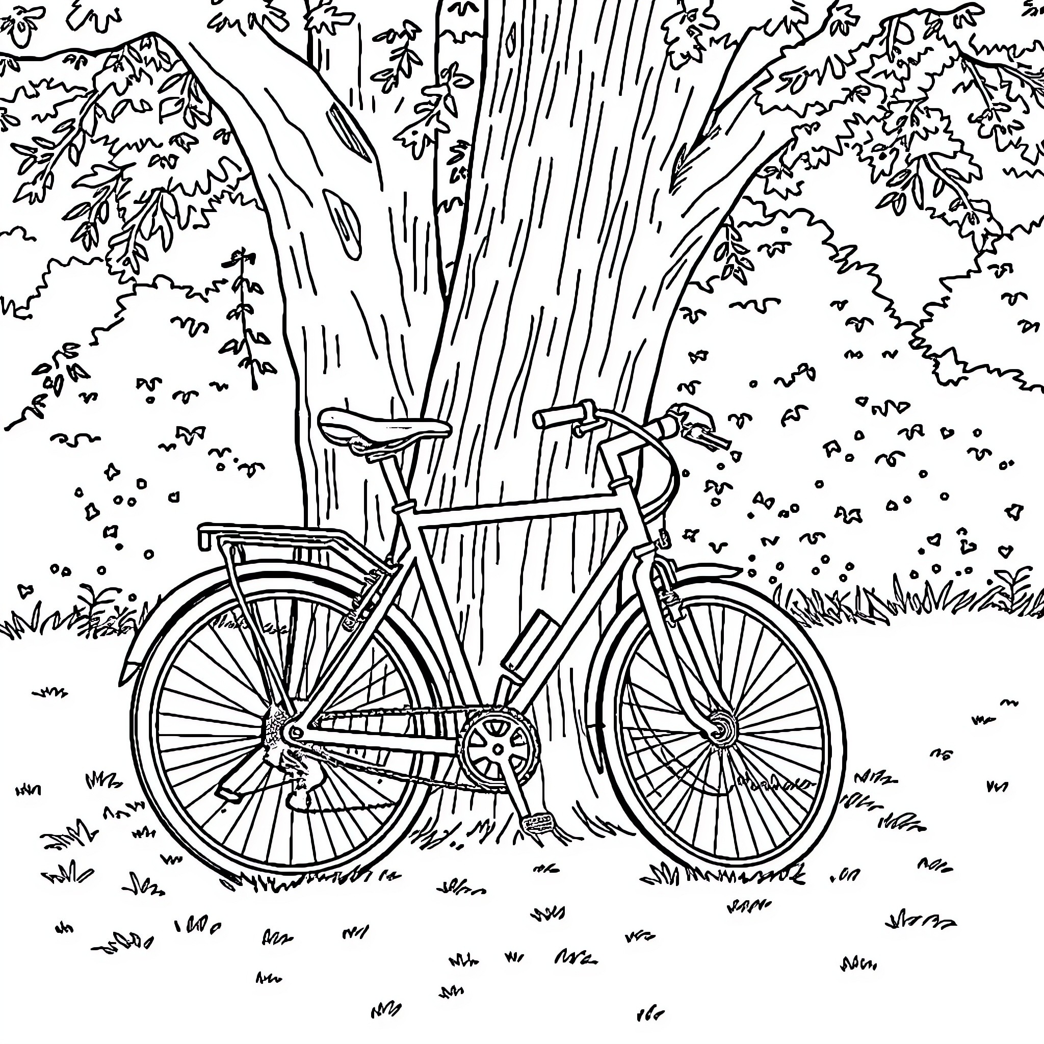 Bike parked under a tree in forest Coloring Page (free black-and-white line drawing printable PDF for all, from beginners to advanced learners, including children, teens, adults, and seniors)