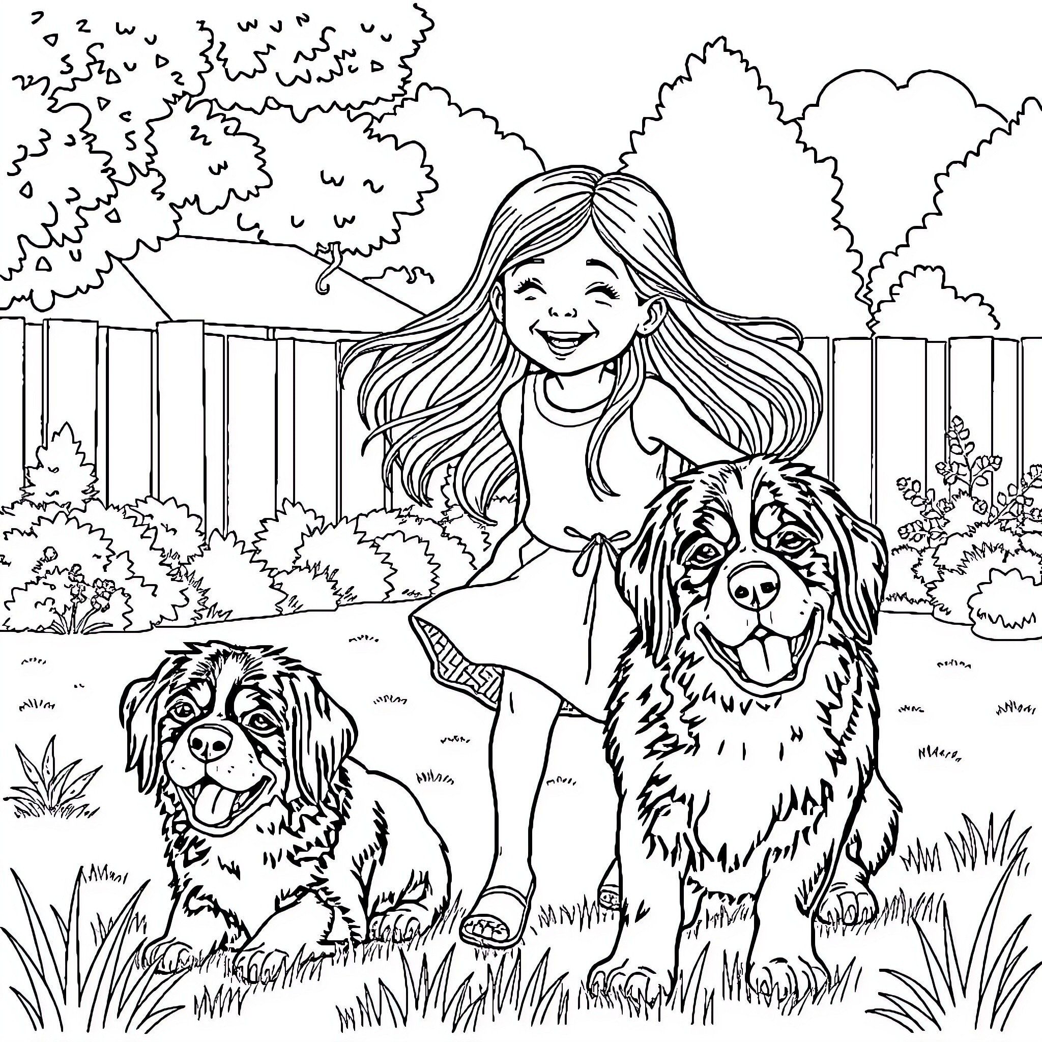 Girl playing joyfully with her dogs in the park Coloring Page (free black-and-white line drawing printable PDF for all, from beginners to advanced learners, including children, teens, adults, and seniors)