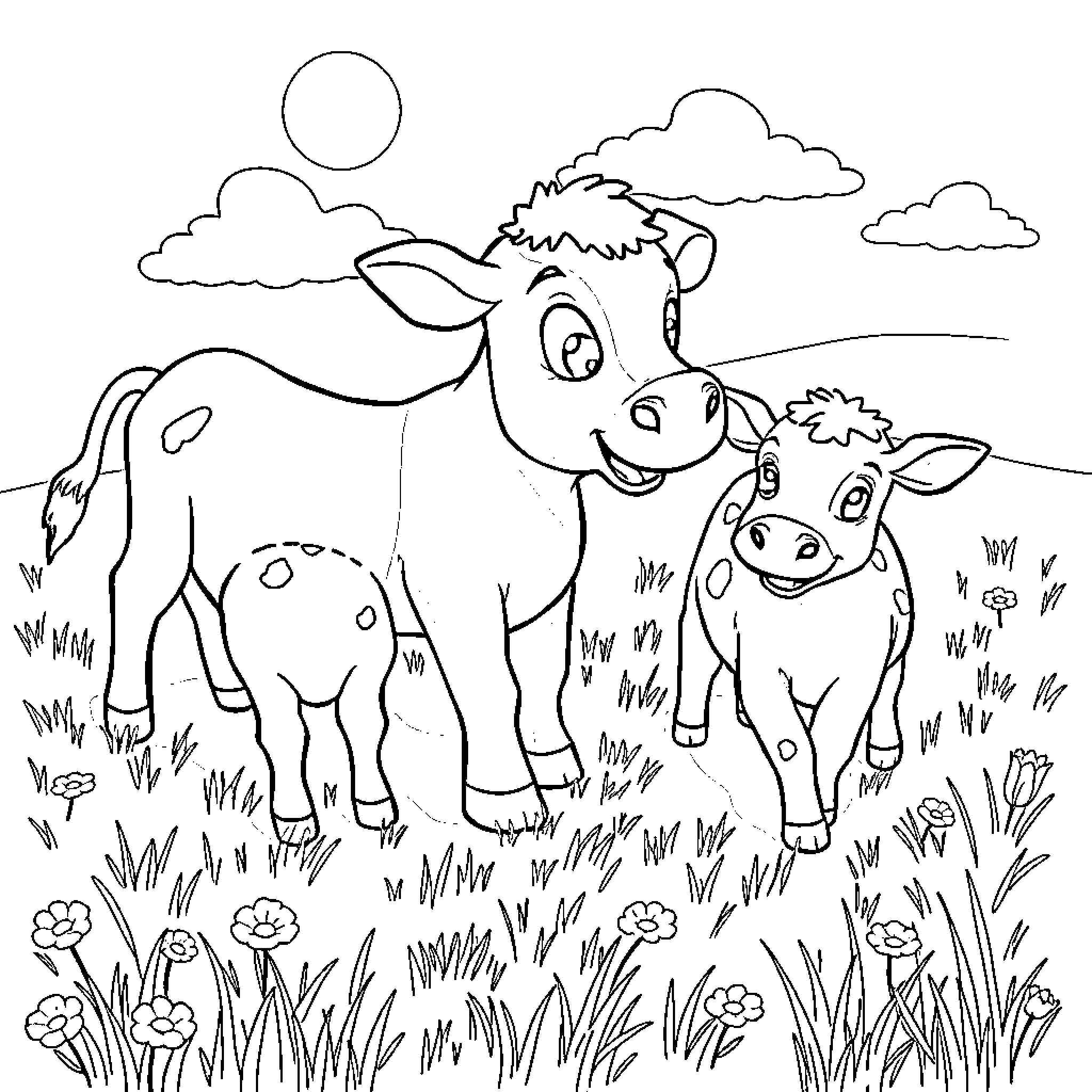 Bluey and Friends Frolic in the Meadow Coloring Page (free black-and-white line drawing printable PDF for all, from beginners to advanced learners, including children, teens, adults, and seniors)