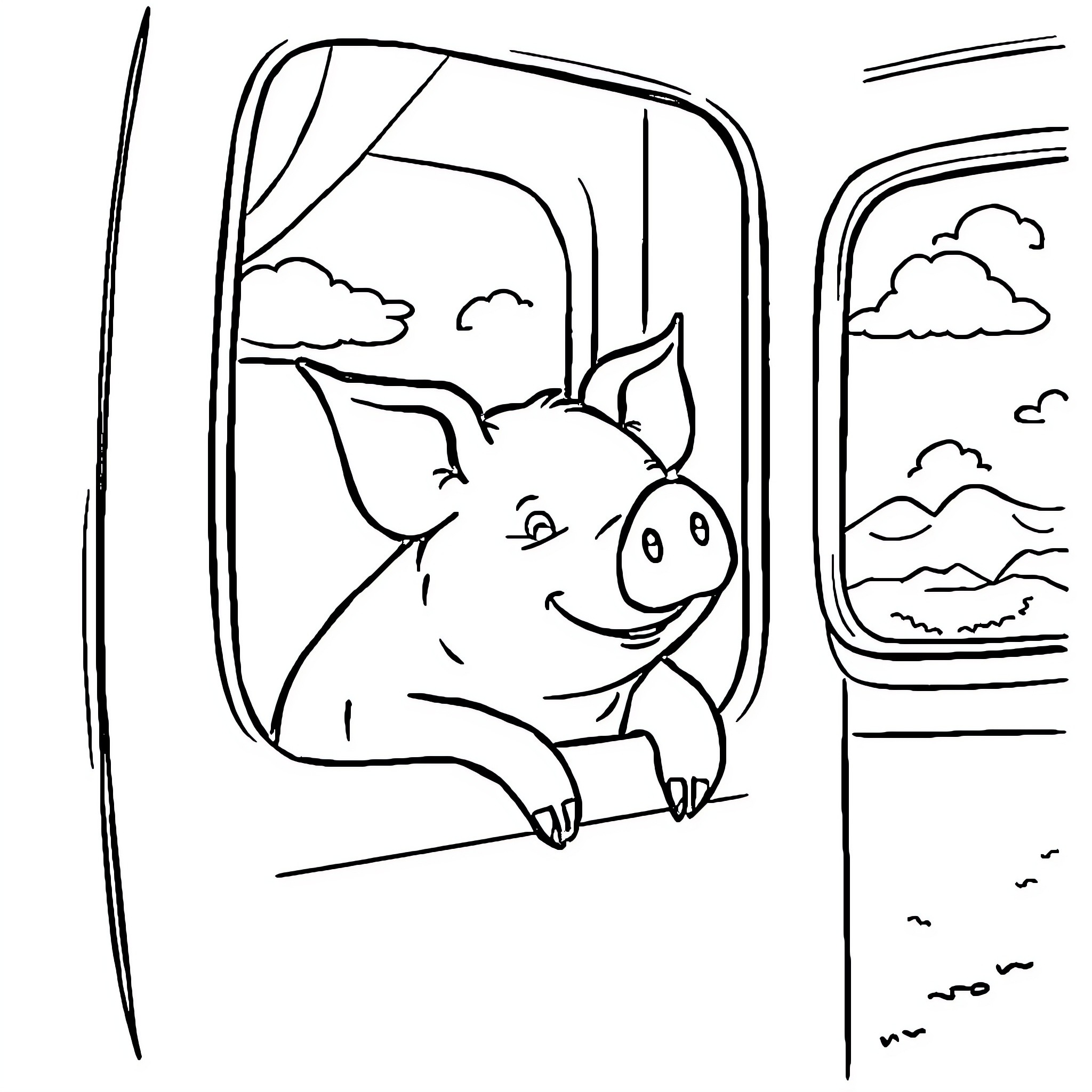 Pig riding happily in a vehicle Coloring Page (free black-and-white line drawing printable PDF for all, from beginners to advanced learners, including children, teens, adults, and seniors)