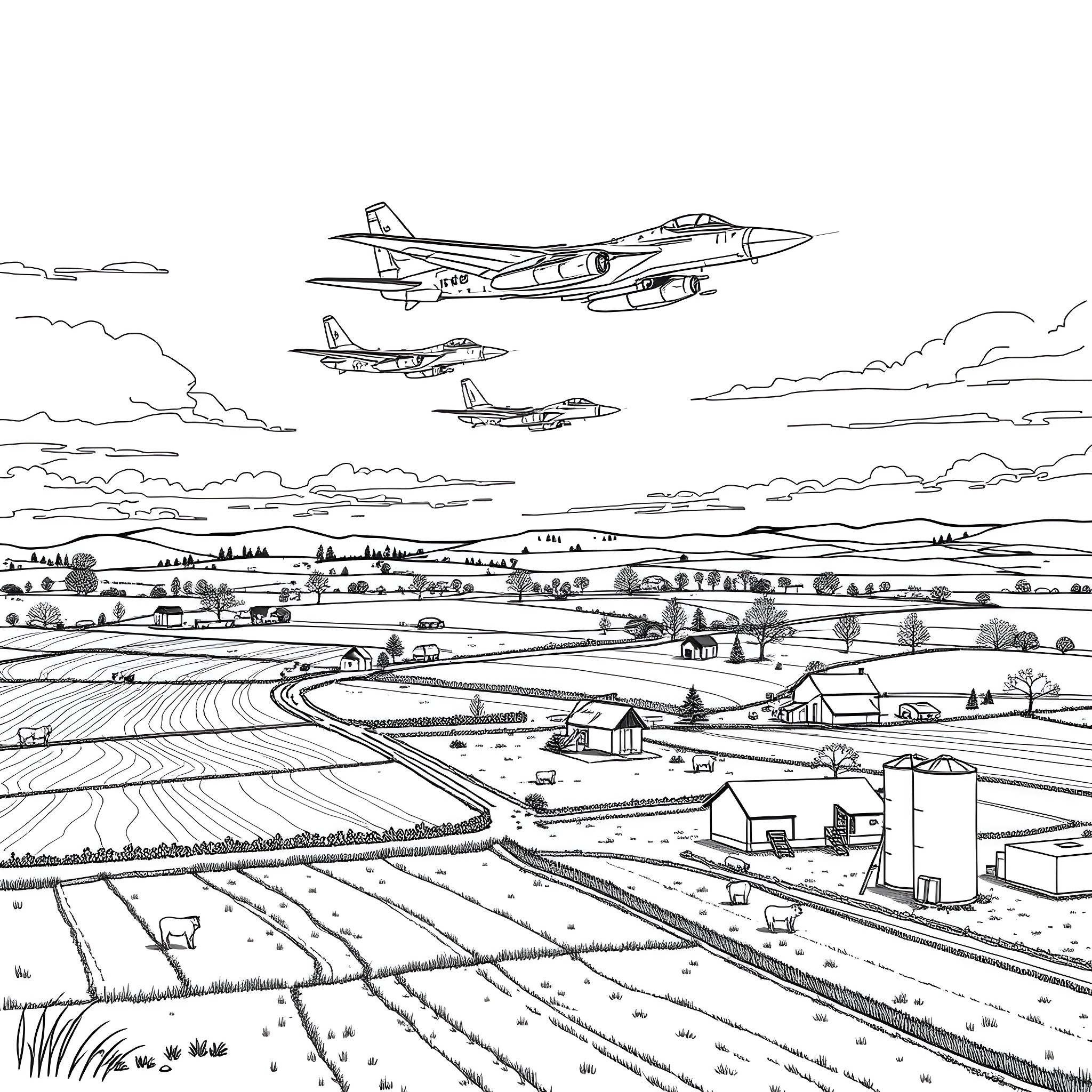Fighter Planes Soaring Over Countryside Landscape Coloring Page (free black-and-white line drawing printable PDF for all, from beginners to advanced learners, including children, teens, adults, and seniors)