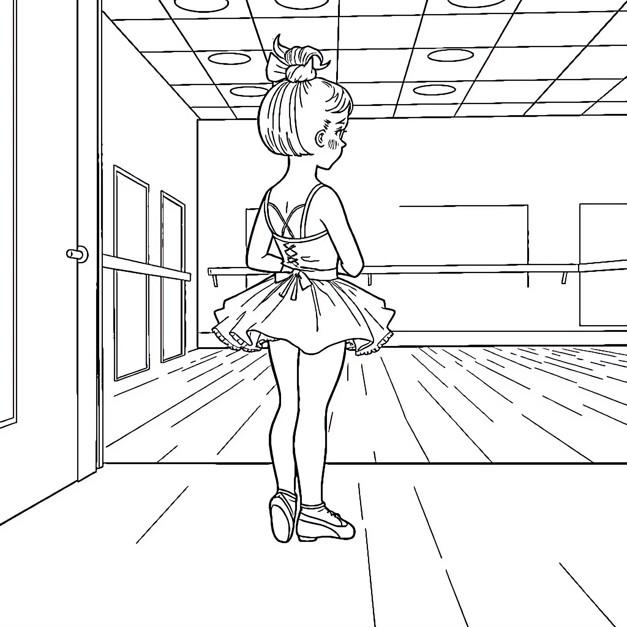 Ballet Dancer Gracefully Posing in Dance Studio Coloring Page (free black-and-white line drawing printable PDF for all, from beginners to advanced learners, including children, teens, adults, and seniors)