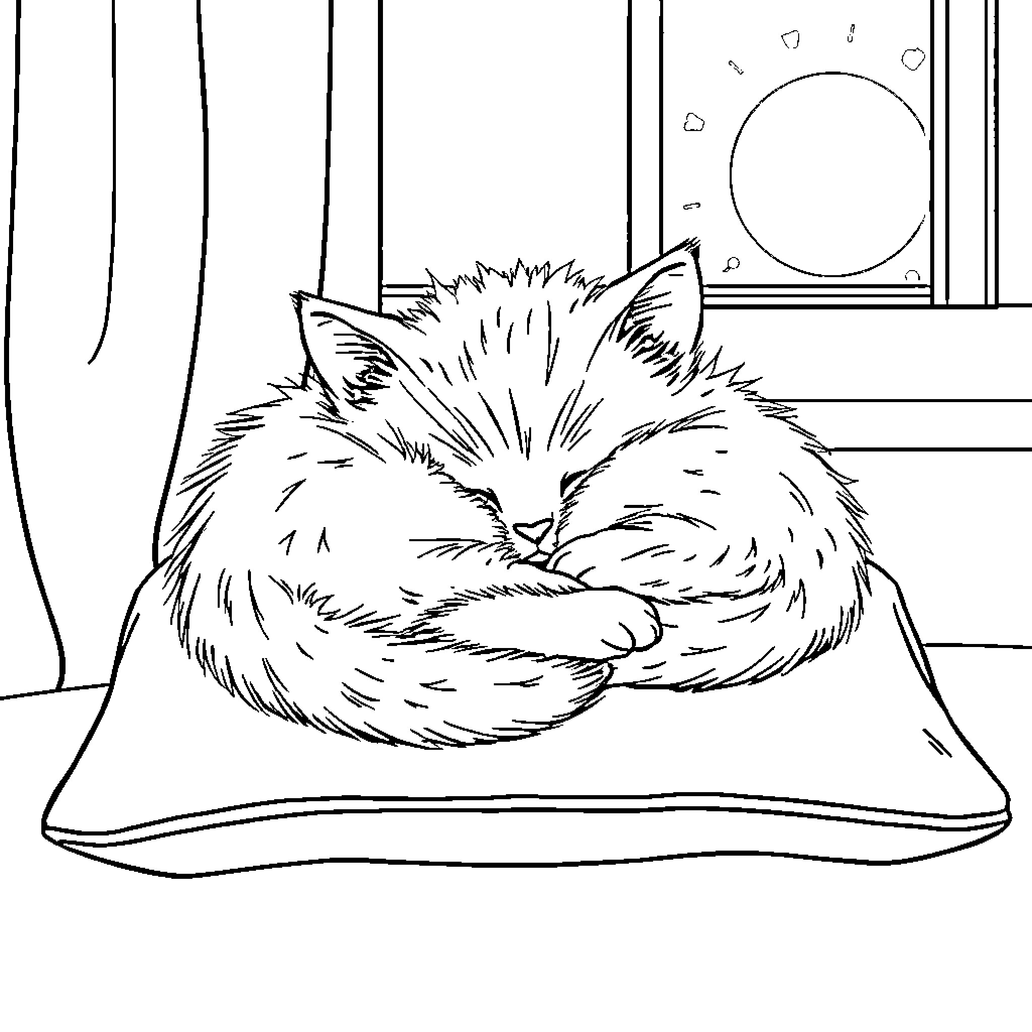 Kitten cuddled up sleeping on a cushion Coloring Page (free black-and-white line drawing printable PDF for all, from beginners to advanced learners, including children, teens, adults, and seniors)