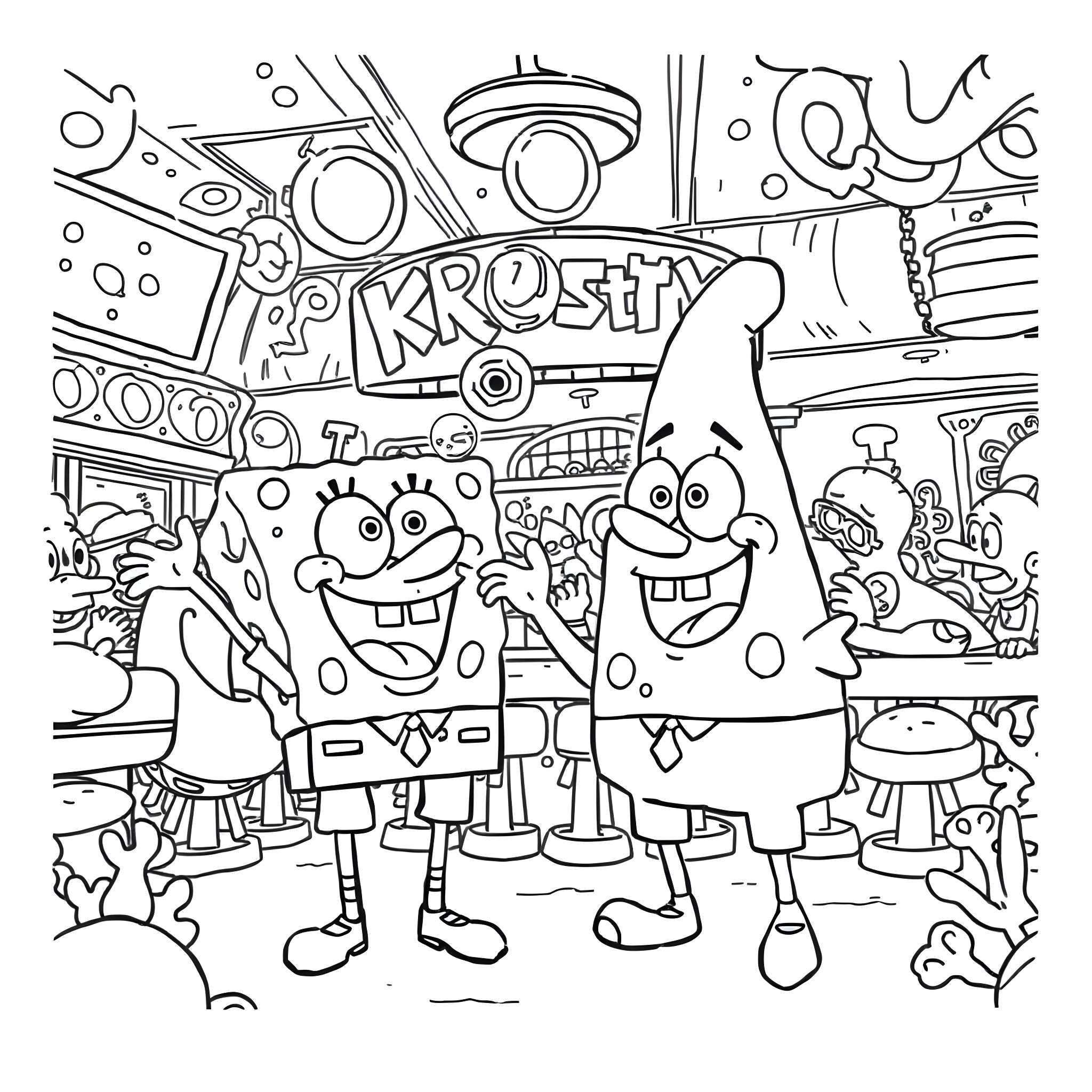 Spongebob and friends enjoying a carnival ride Coloring Page (free black-and-white line drawing printable PDF for all, from beginners to advanced learners, including children, teens, adults, and seniors)