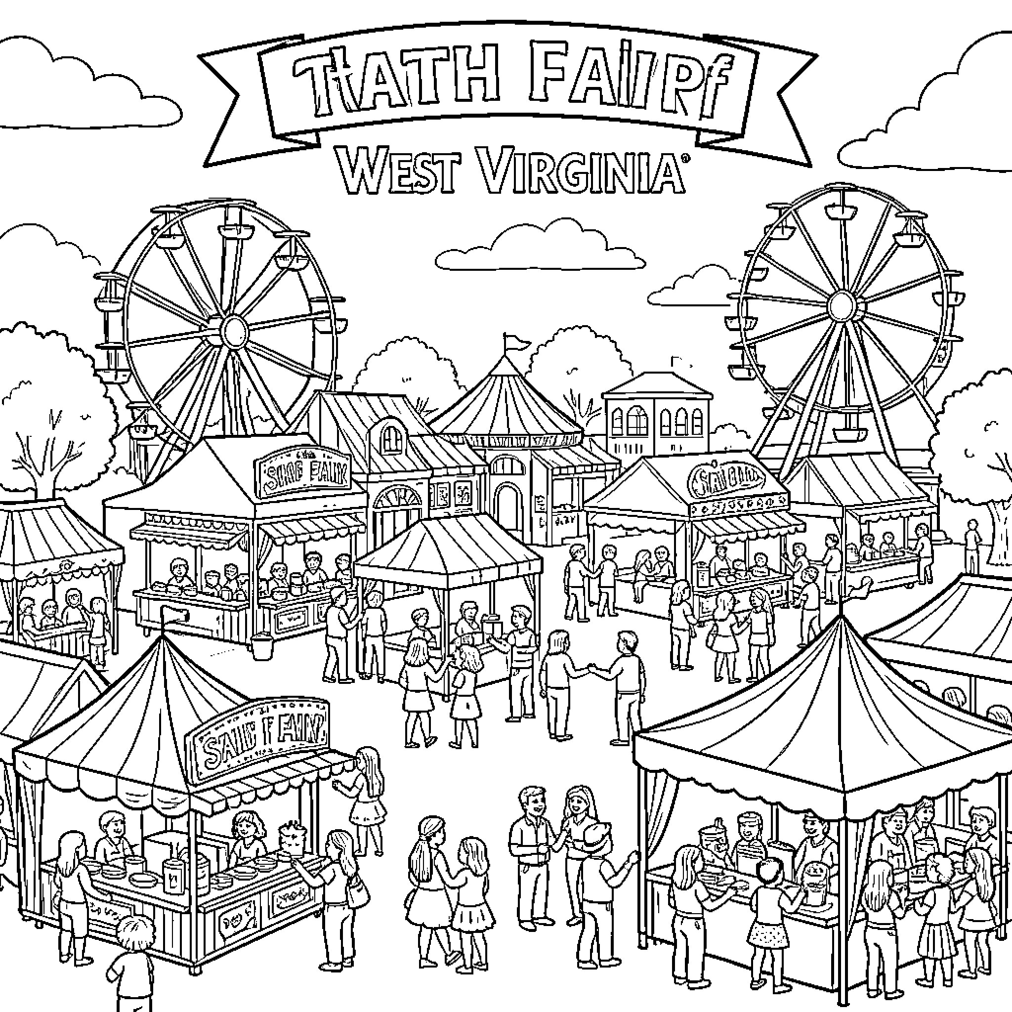 West Virginia State Fair with crowds enjoying carnival rides Coloring Page (free black-and-white line drawing printable PDF for all, from beginners to advanced learners, including children, teens, adults, and seniors)