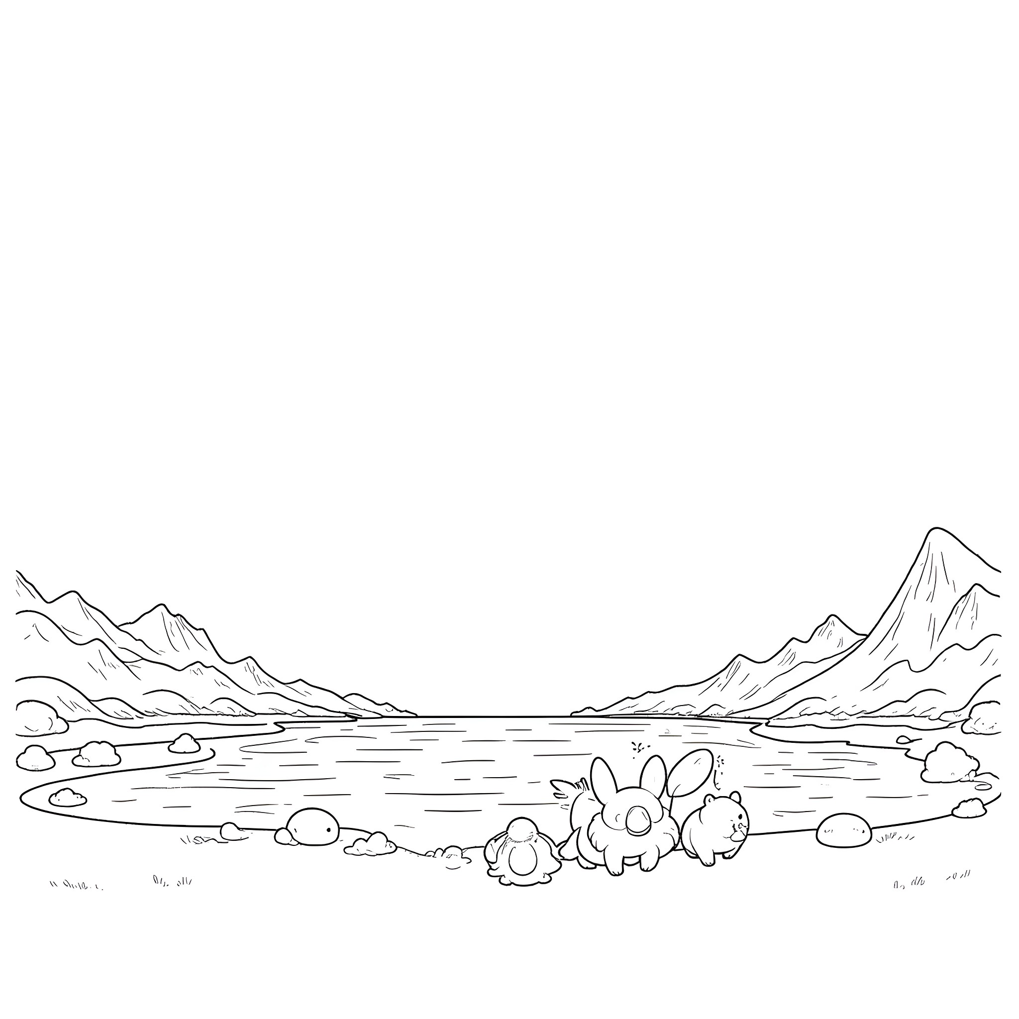 Pokémon characters relaxing by a peaceful lake Coloring Page (free black-and-white line drawing printable PDF for all, from beginners to advanced learners, including children, teens, adults, and seniors)