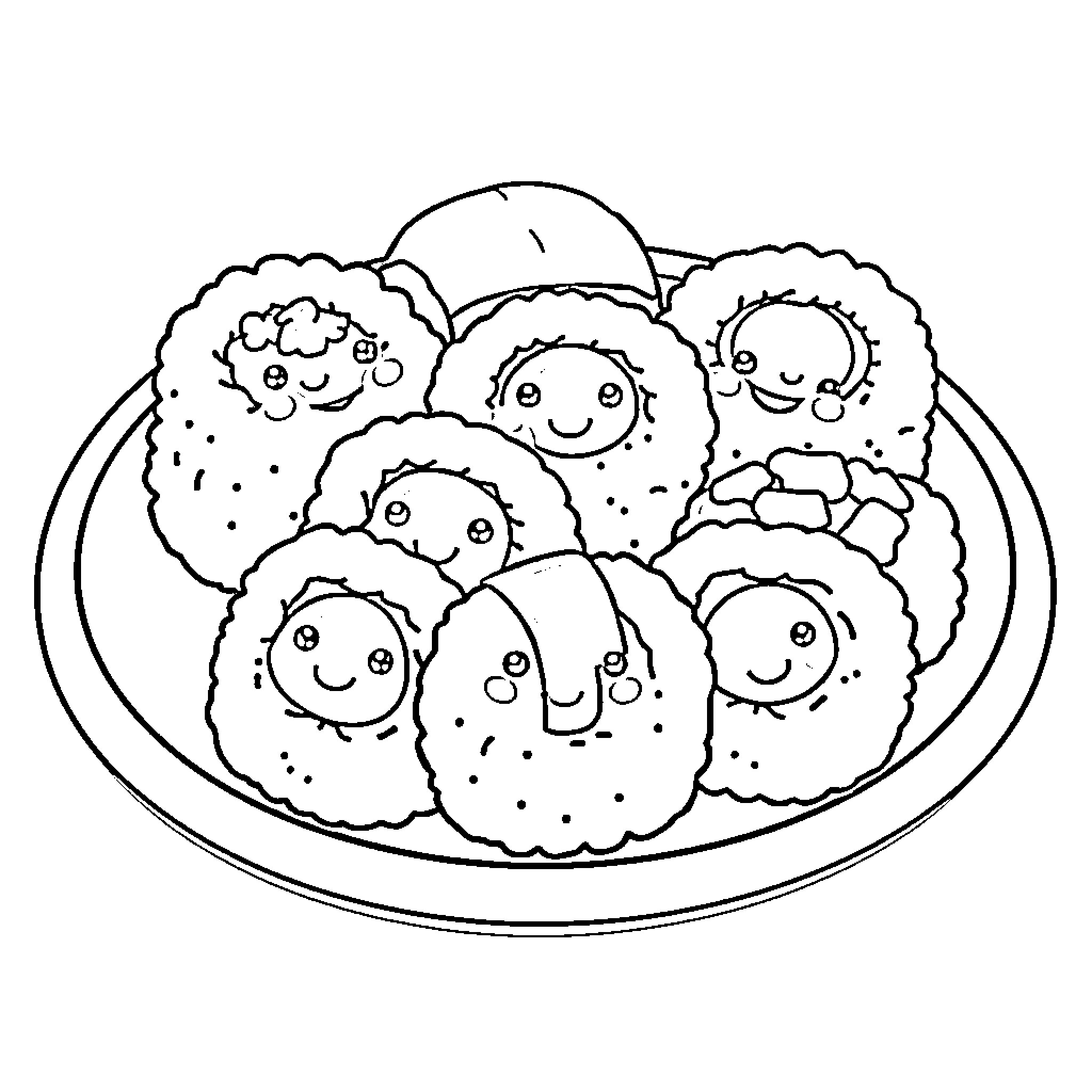 Sushi characters on a plate Coloring Page (free black-and-white line drawing printable PDF for all, from beginners to advanced learners, including children, teens, adults, and seniors)