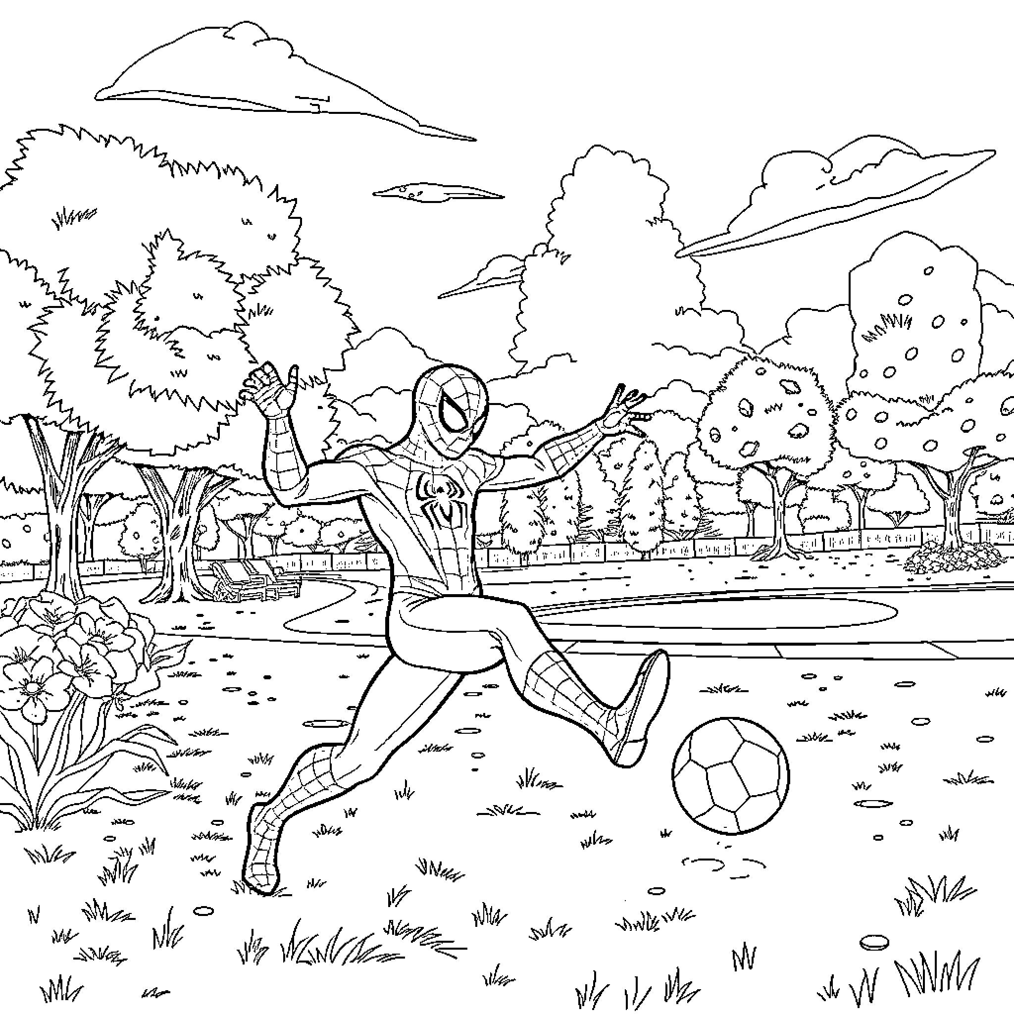 Spider-Man playing with a soccer ball in the park Coloring Page (free black-and-white line drawing printable PDF for all, from beginners to advanced learners, including children, teens, adults, and seniors)