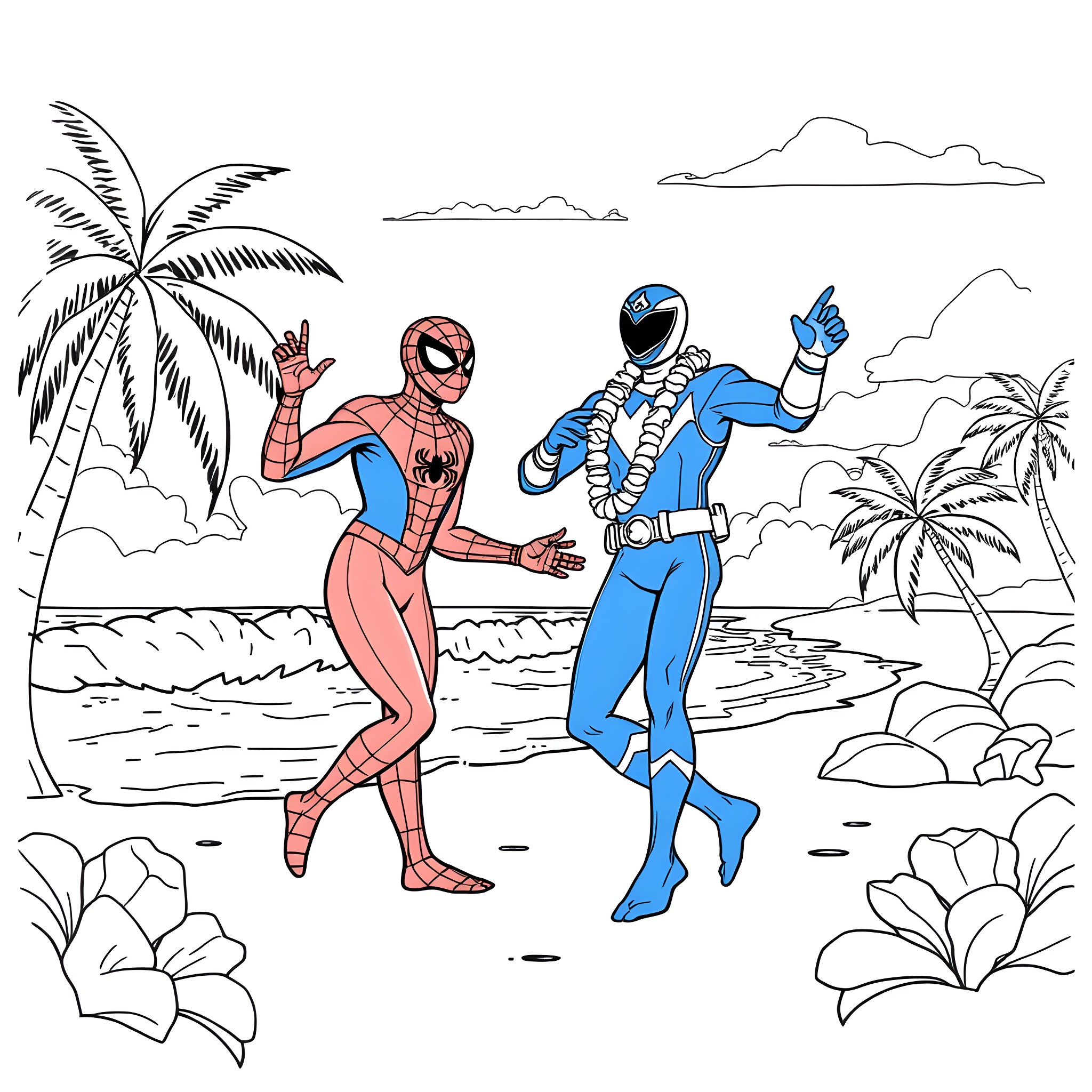 Spiderman and Blue Ranger team up on the beach Coloring Page (free black-and-white line drawing printable PDF for all, from beginners to advanced learners, including children, teens, adults, and seniors)