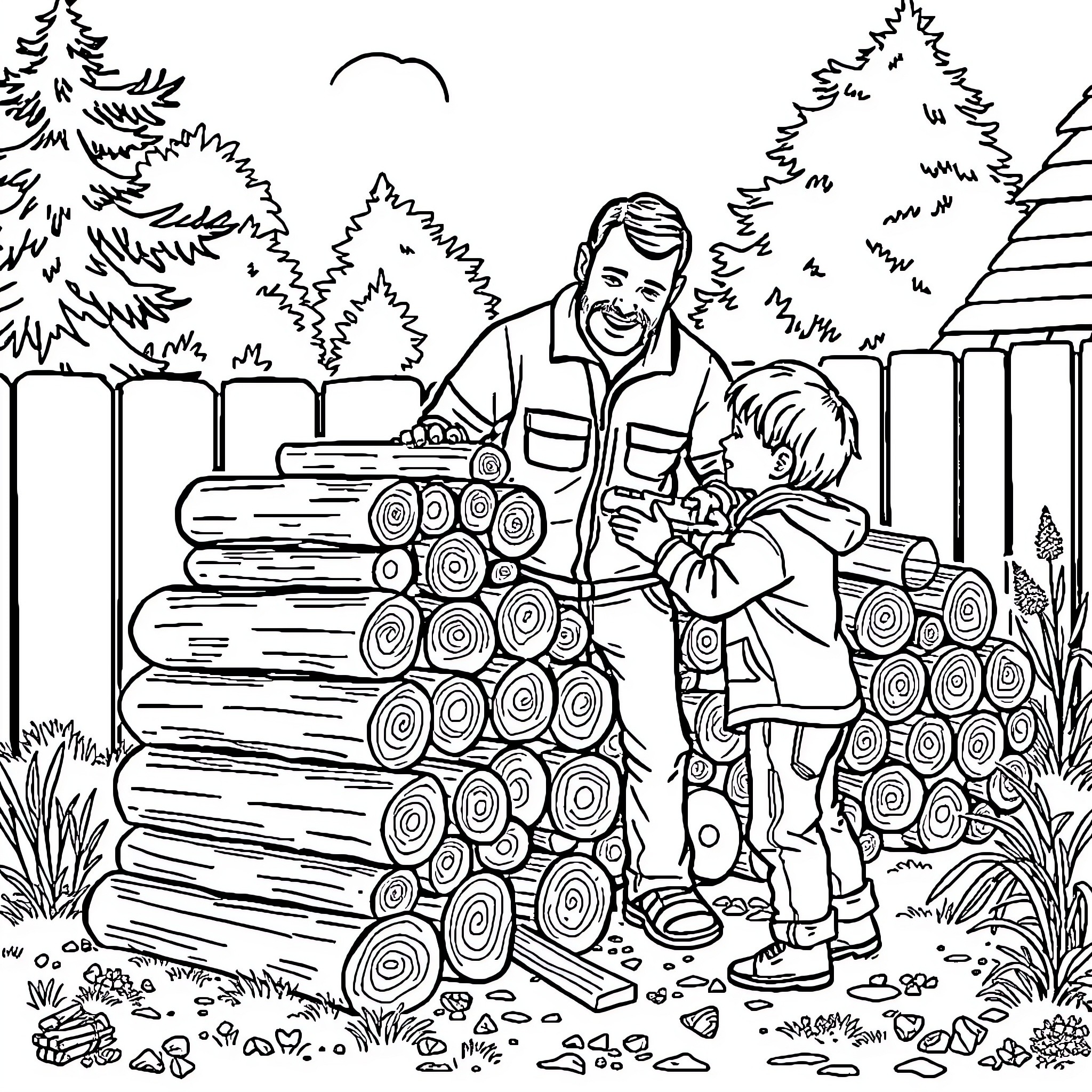 Dad and child stacking firewood in the forest Coloring Page (free black-and-white line drawing printable PDF for all, from beginners to advanced learners, including children, teens, adults, and seniors)