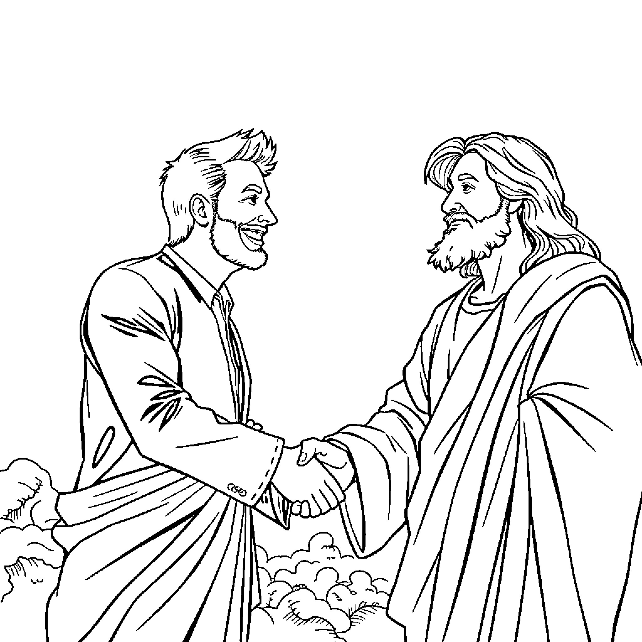 Conan O'Brien Meets Jesus in Thoughtful Conversation Coloring Page (free black-and-white line drawing printable PDF for all, from beginners to advanced learners, including children, teens, adults, and seniors)