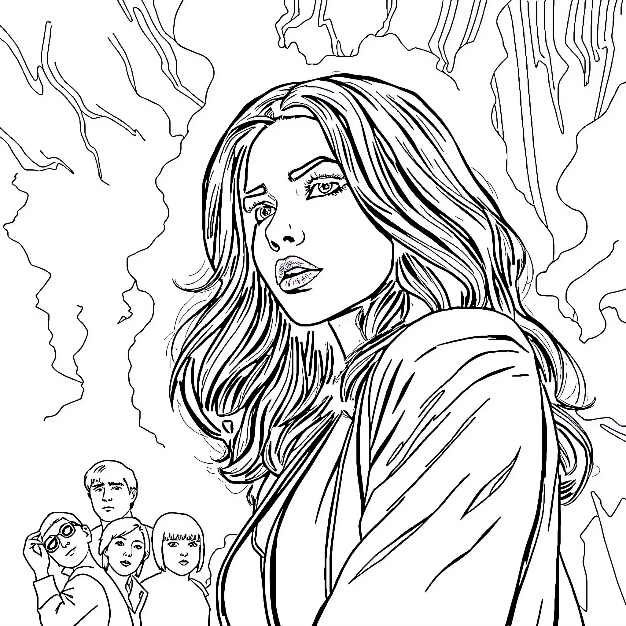 Anya Taylor-Joy as a thoughtful, brooding figure Coloring Page (free black-and-white line drawing printable PDF for all, from beginners to advanced learners, including children, teens, adults, and seniors)