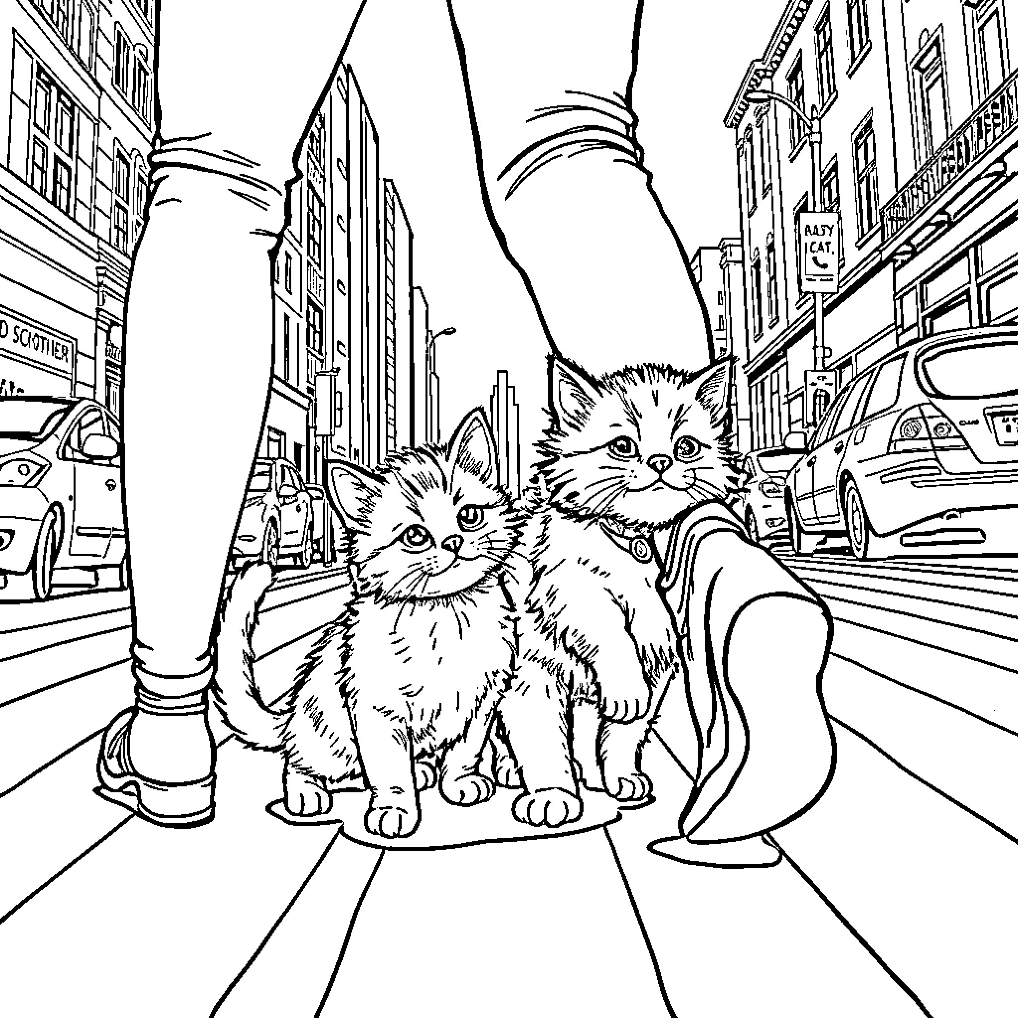 Kittens exploring busy city street Coloring Page (free black-and-white line drawing printable PDF for all, from beginners to advanced learners, including children, teens, adults, and seniors)