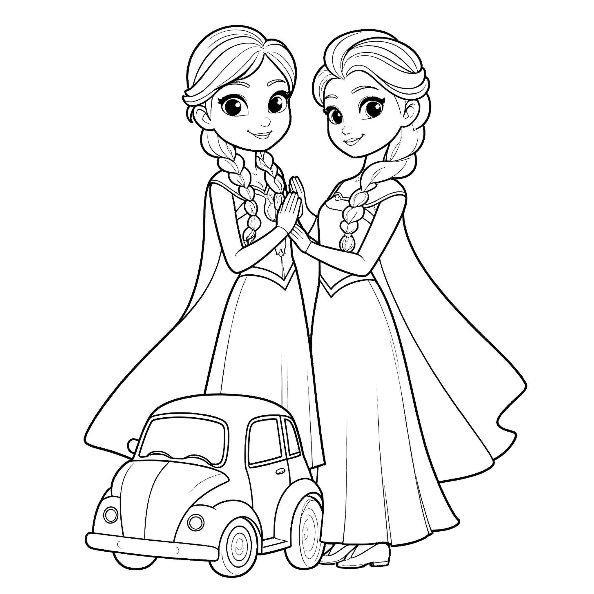 Anna and Elsa standing together in formal dresses Coloring Page (free black-and-white line drawing printable PDF for all, from beginners to advanced learners, including children, teens, adults, and seniors)