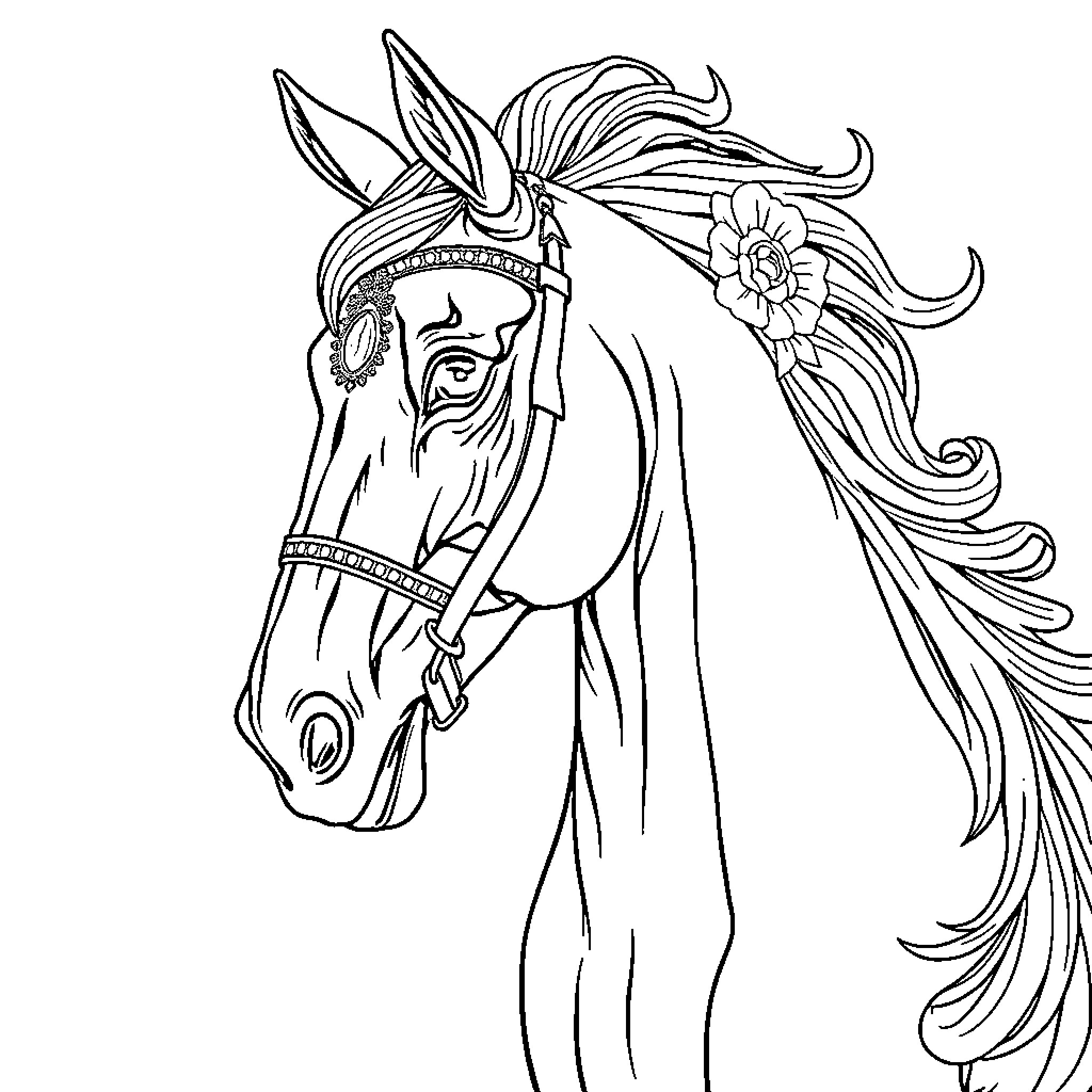 Horse with ornate decorations and flower in its mane Coloring Page (free black-and-white line drawing printable PDF for all, from beginners to advanced learners, including children, teens, adults, and seniors)