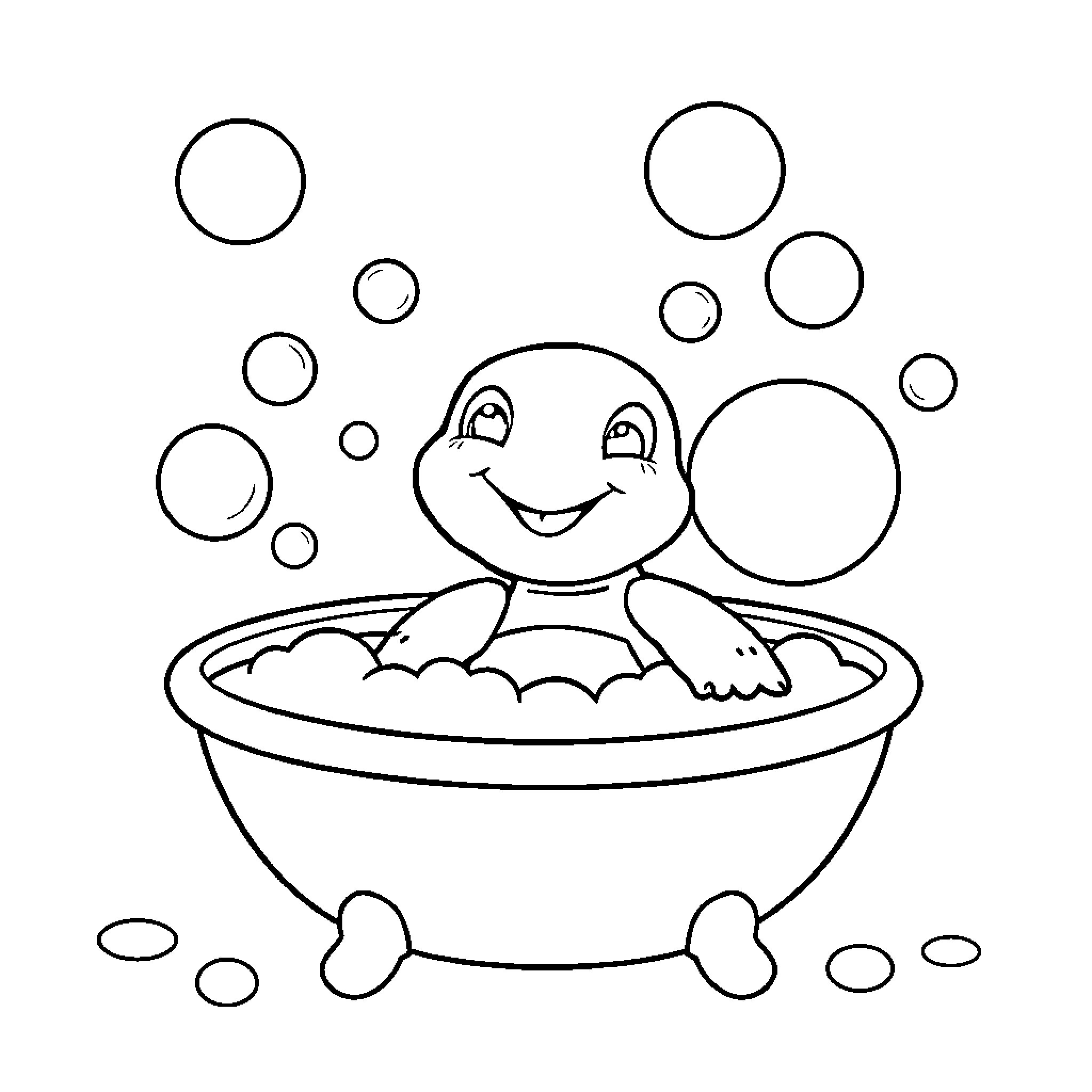 Turtle enjoying a bubbly bath Coloring Page (free black-and-white line drawing printable PDF for all, from beginners to advanced learners, including children, teens, adults, and seniors)