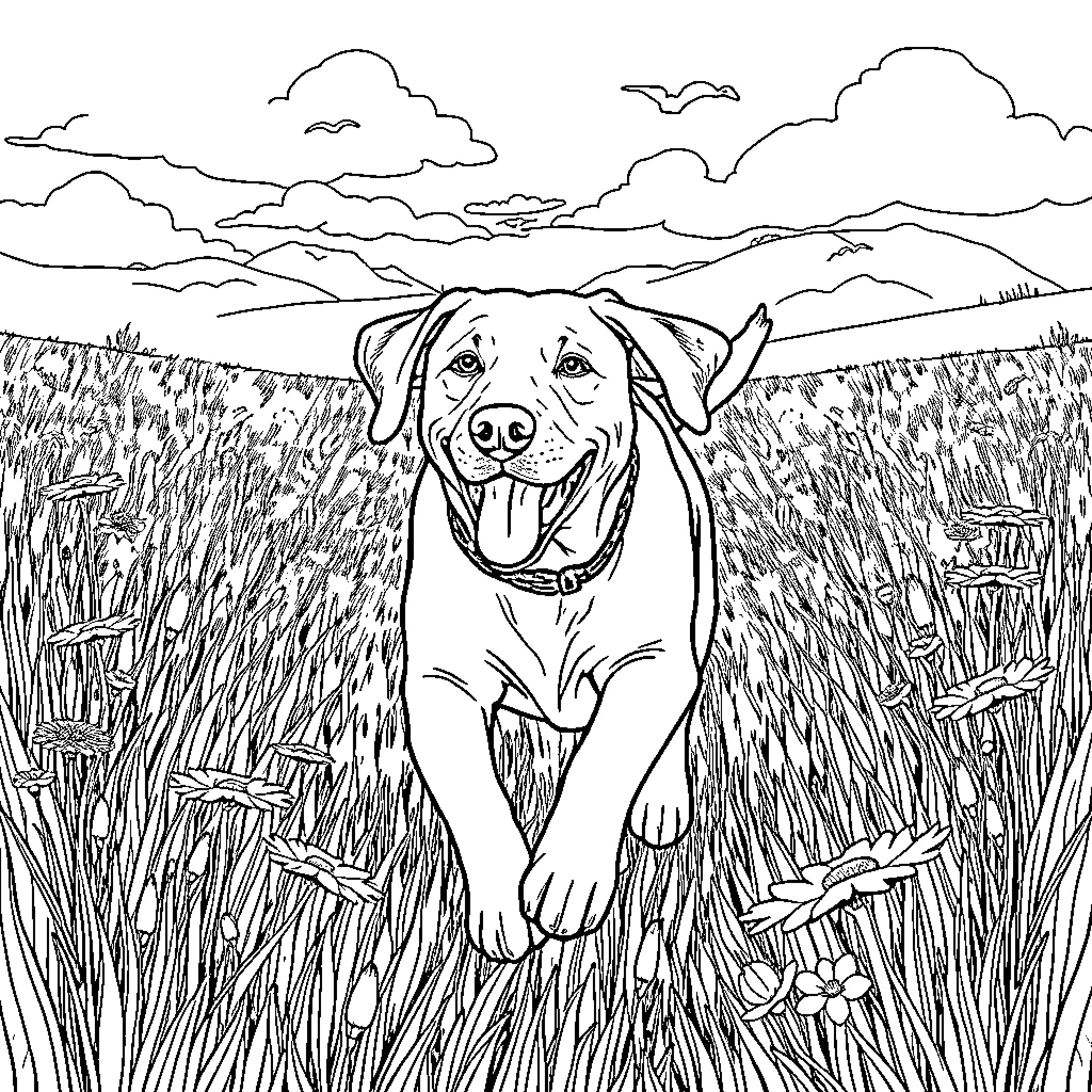 Labrador retriever frolicking in tall grass meadow Coloring Page (free black-and-white line drawing printable PDF for all, from beginners to advanced learners, including children, teens, adults, and seniors)