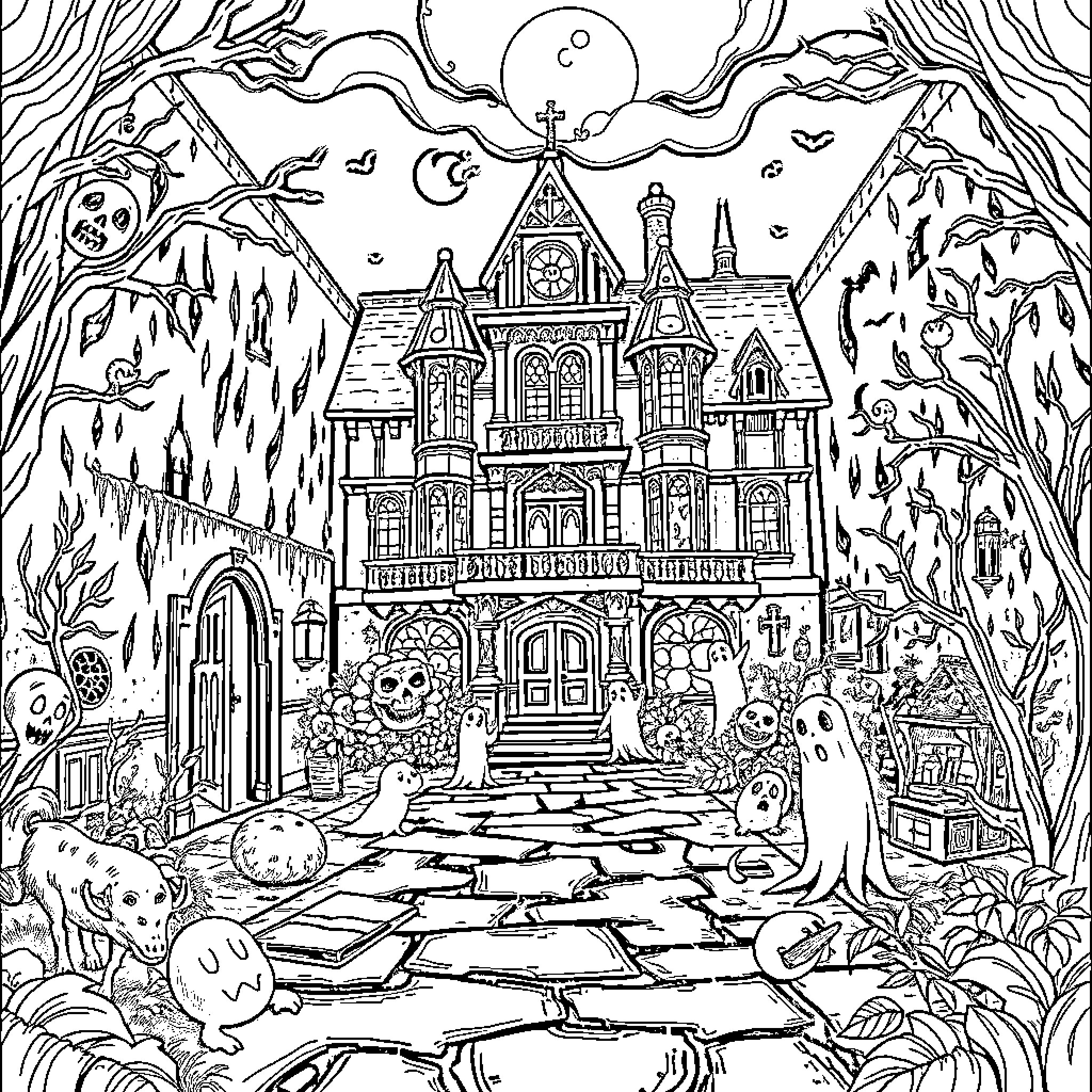 Mansion of Haunted Revelry and Ghastly Encounters Coloring Page (free black-and-white line drawing printable PDF for all, from beginners to advanced learners, including children, teens, adults, and seniors)