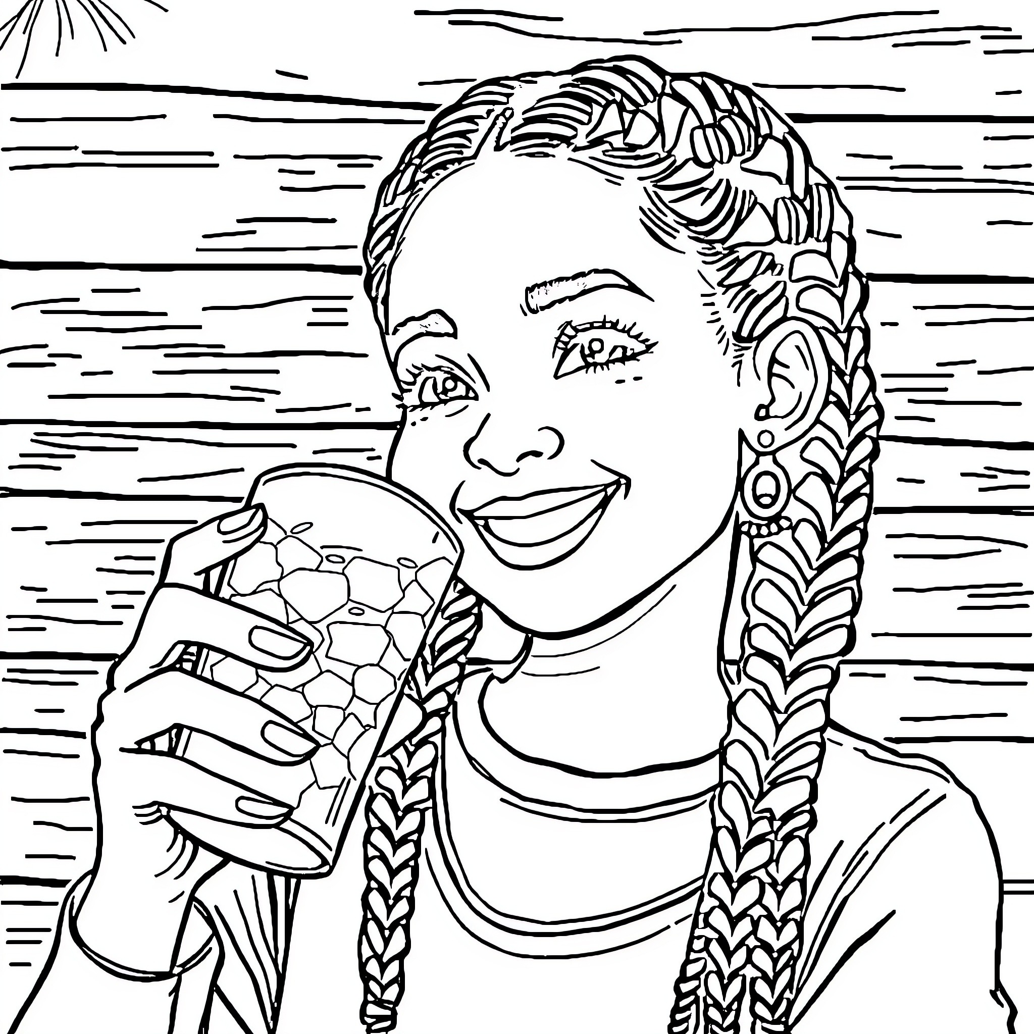Girl enjoying a refreshing drink on a sunny day Coloring Page (free black-and-white line drawing printable PDF for all, from beginners to advanced learners, including children, teens, adults, and seniors)